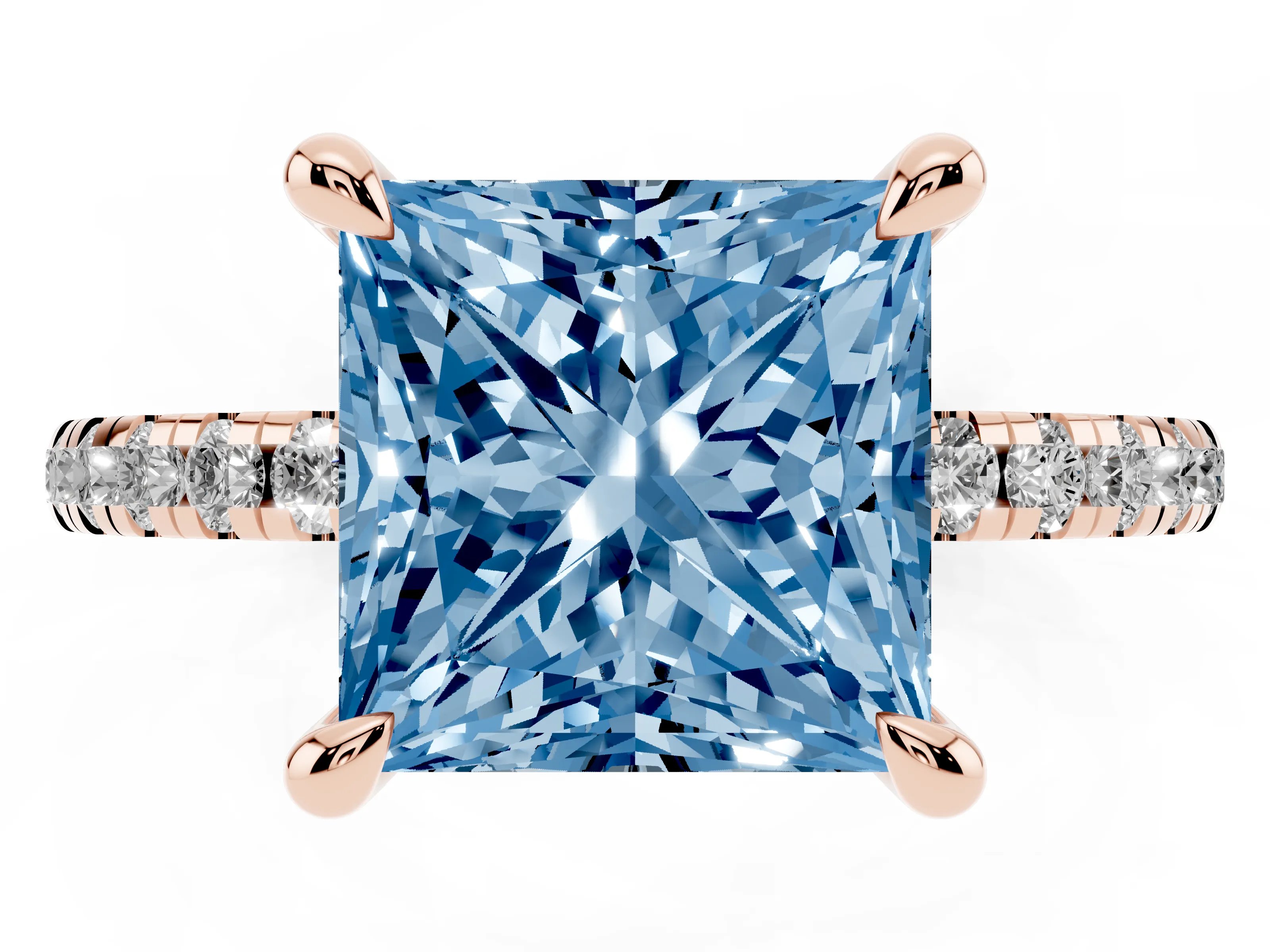 Fancy Blue Princess Cut Diamond Brilliant Solitaire Ring Set in Rose gold with Pavé Band and Prong Setting