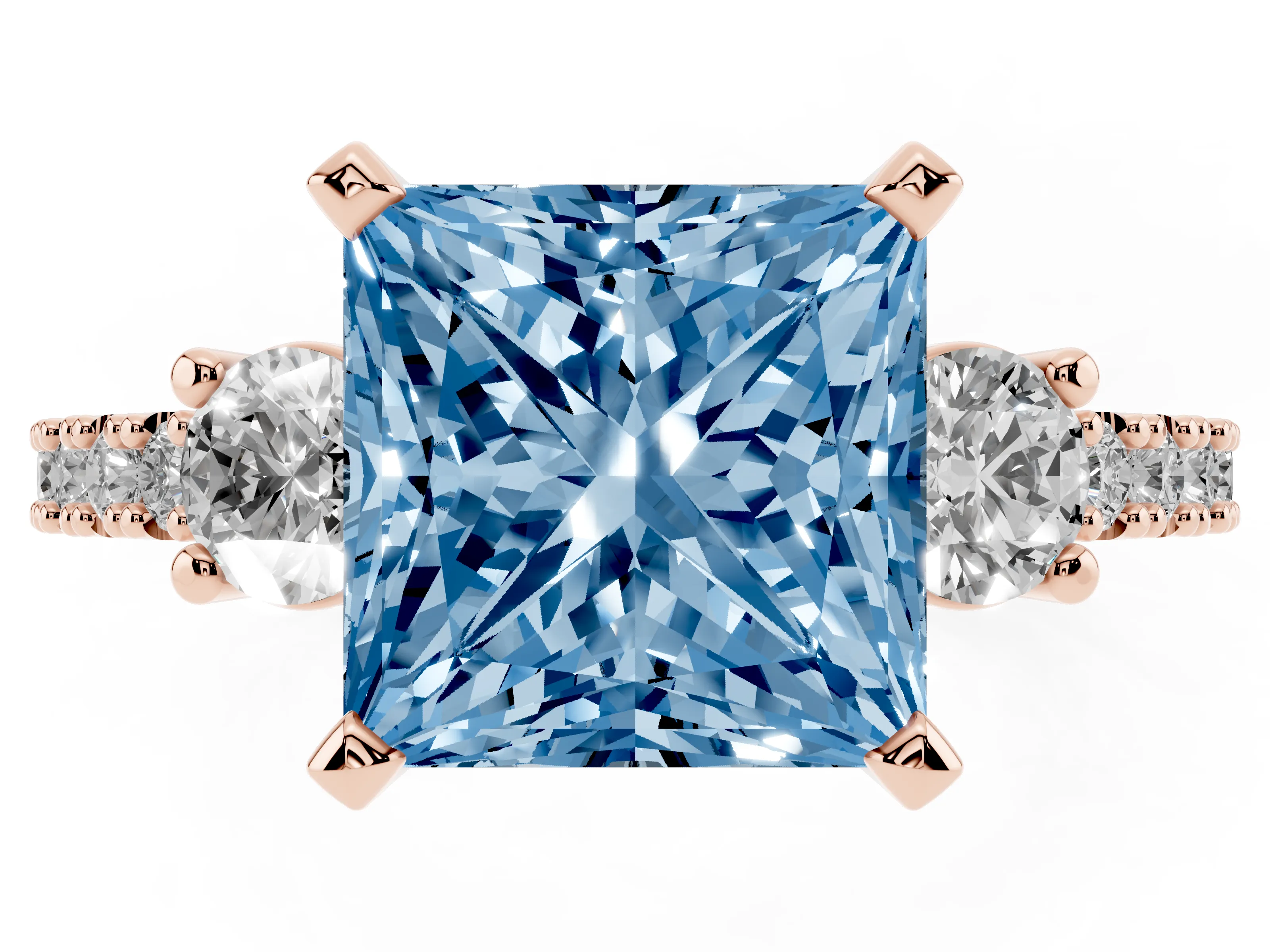 Fancy Blue Three-Stone Princess Cut Diamond Pavé Band Ring Set in Rose gold with Prong Setting