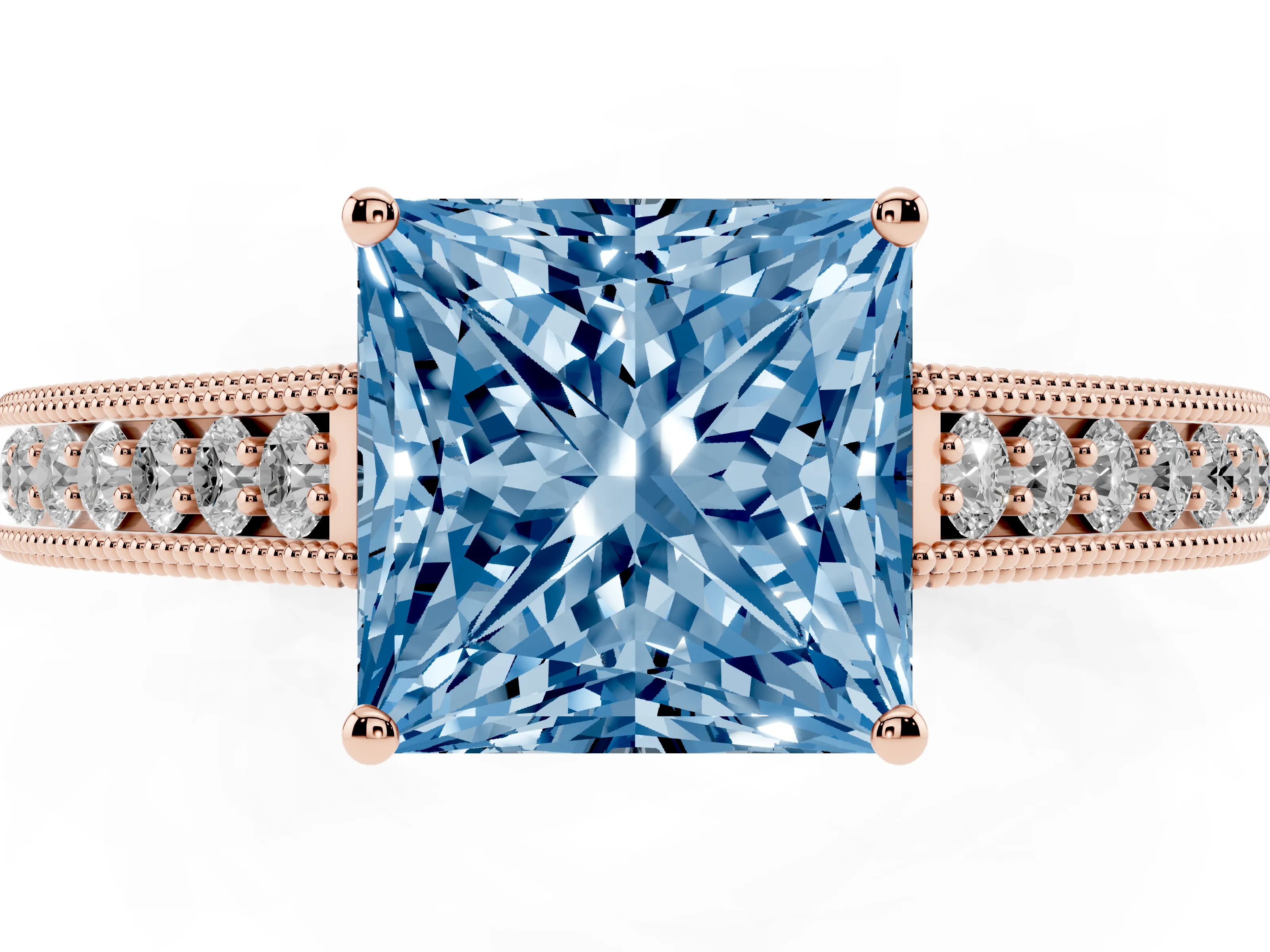 Fancy Blue Princess Cut Diamond Milgrain Pavé Band Solitaire Ring Set in Rose gold with Prong Setting