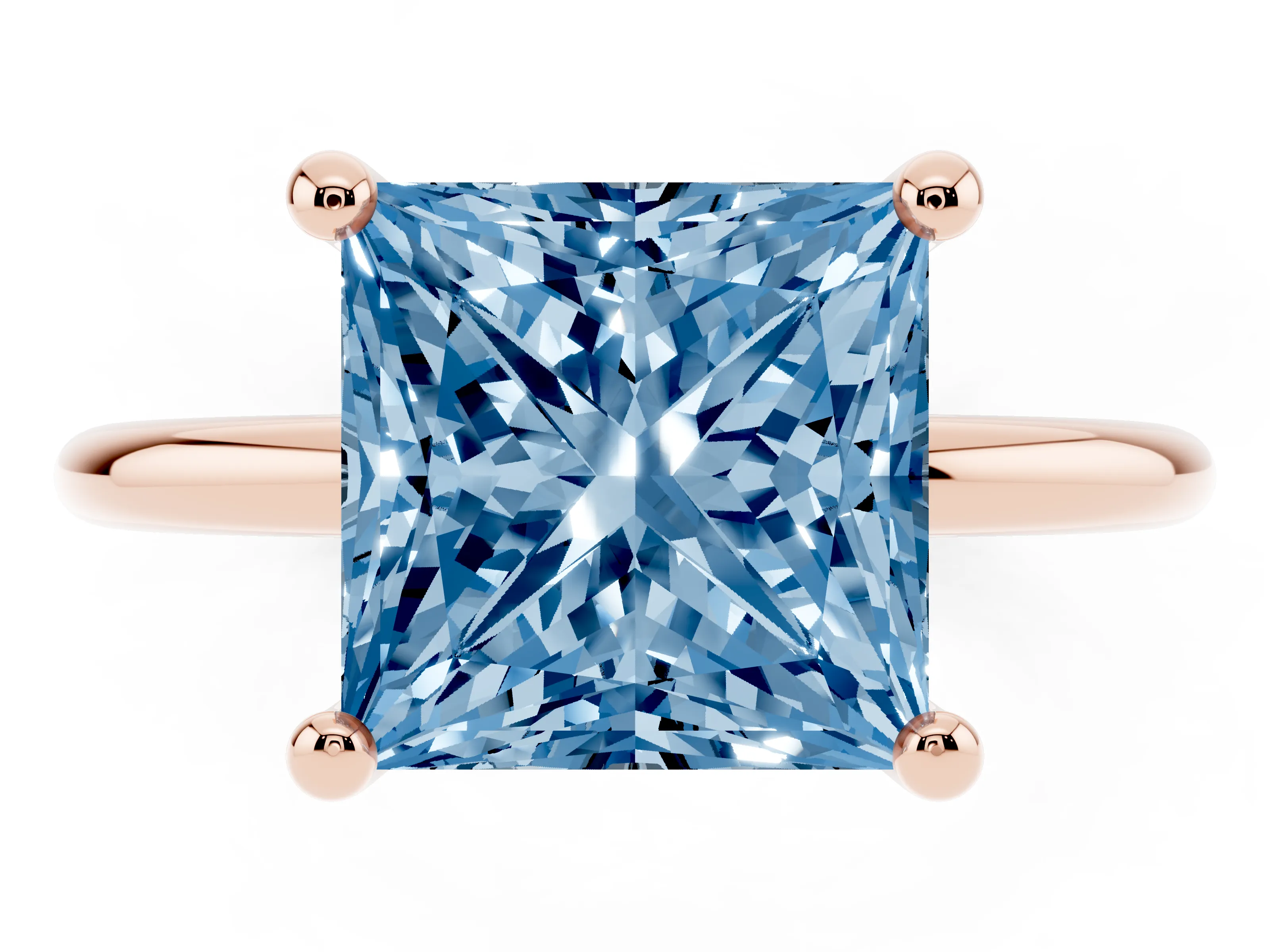 Fancy Blue Princess Cut Diamond Solitaire Ring Set in Rose gold with Secure Prong Setting on a Classic Band
