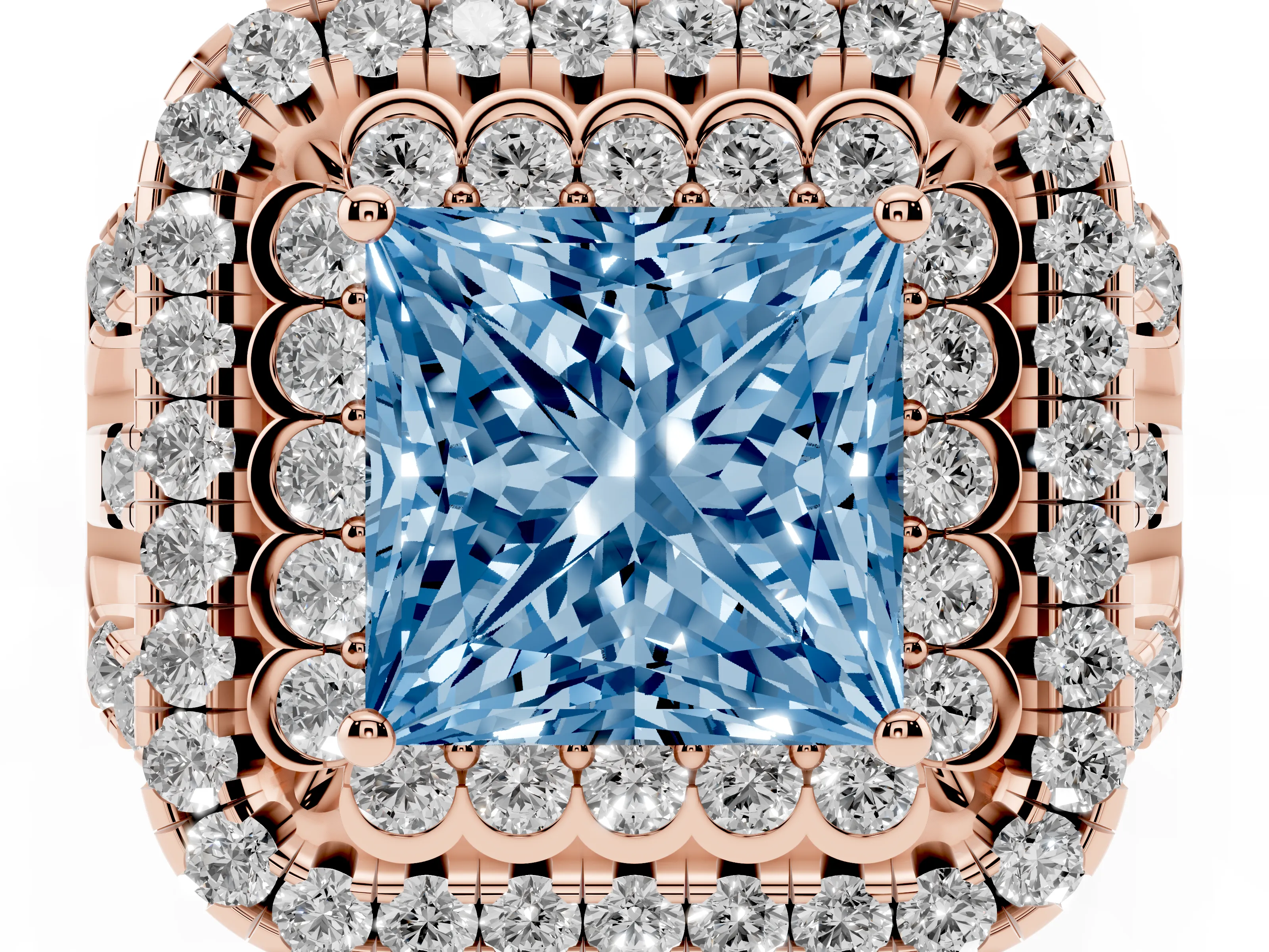 Fancy Blue Princess Cut Diamond Double Halo Ring Set in Rose gold with Round Pavé Split Shank