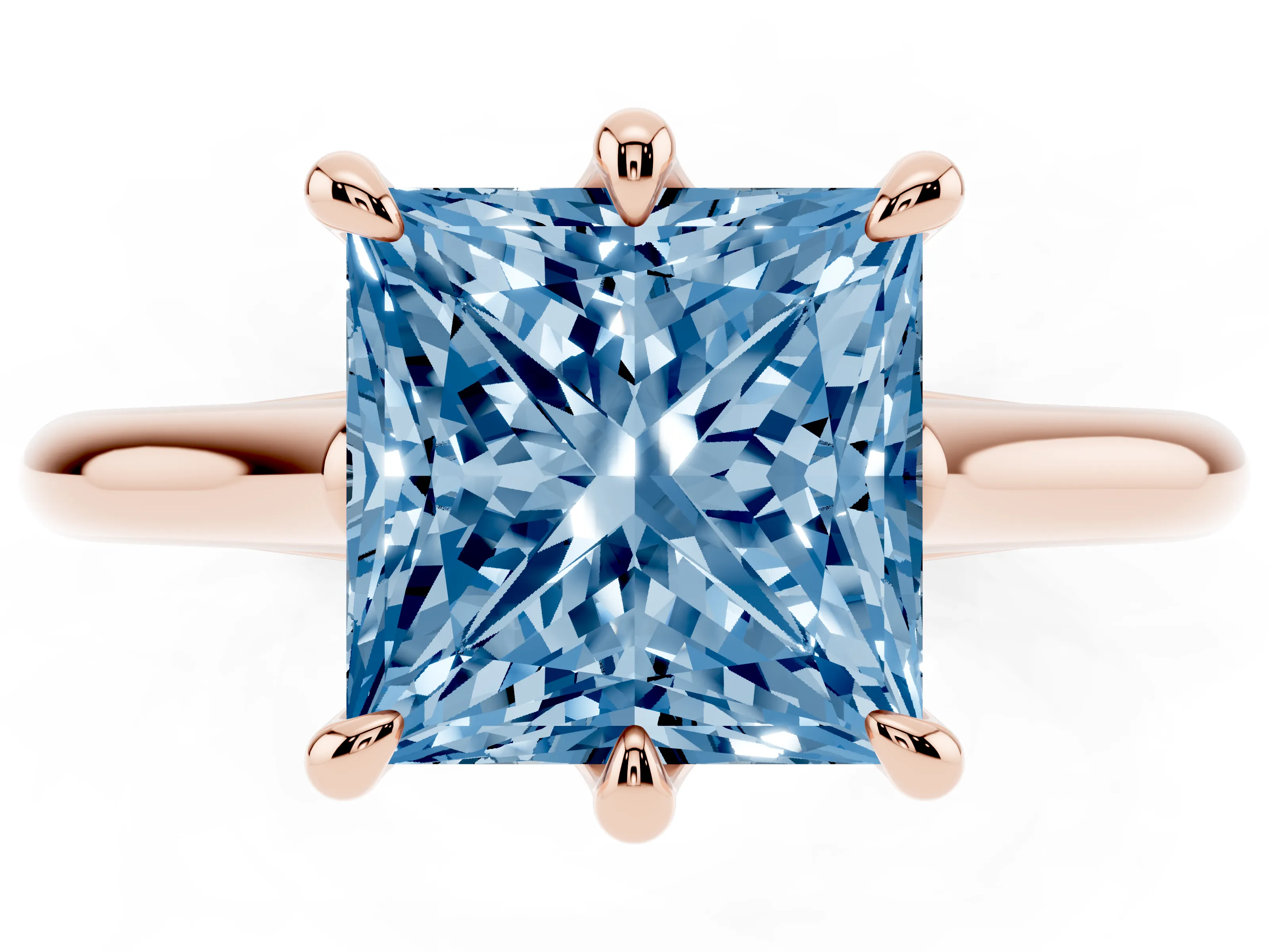 Fancy Blue Princess Cut Diamond Solitaire Engagement Ring Set in Rose gold with Prong Setting and Plain Classic Band