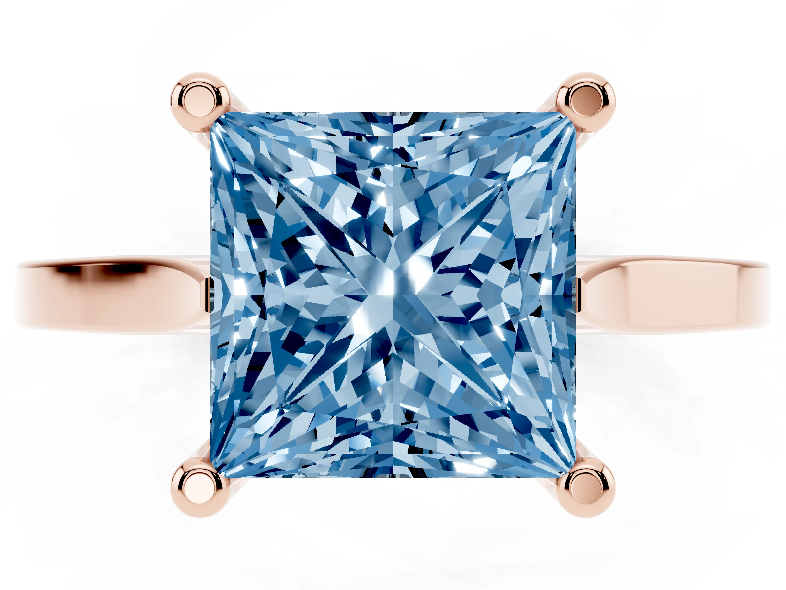 Fancy Blue Princess Cut Diamond Solitaire Ring Set in Rose gold with Prong Setting and Tapered Band