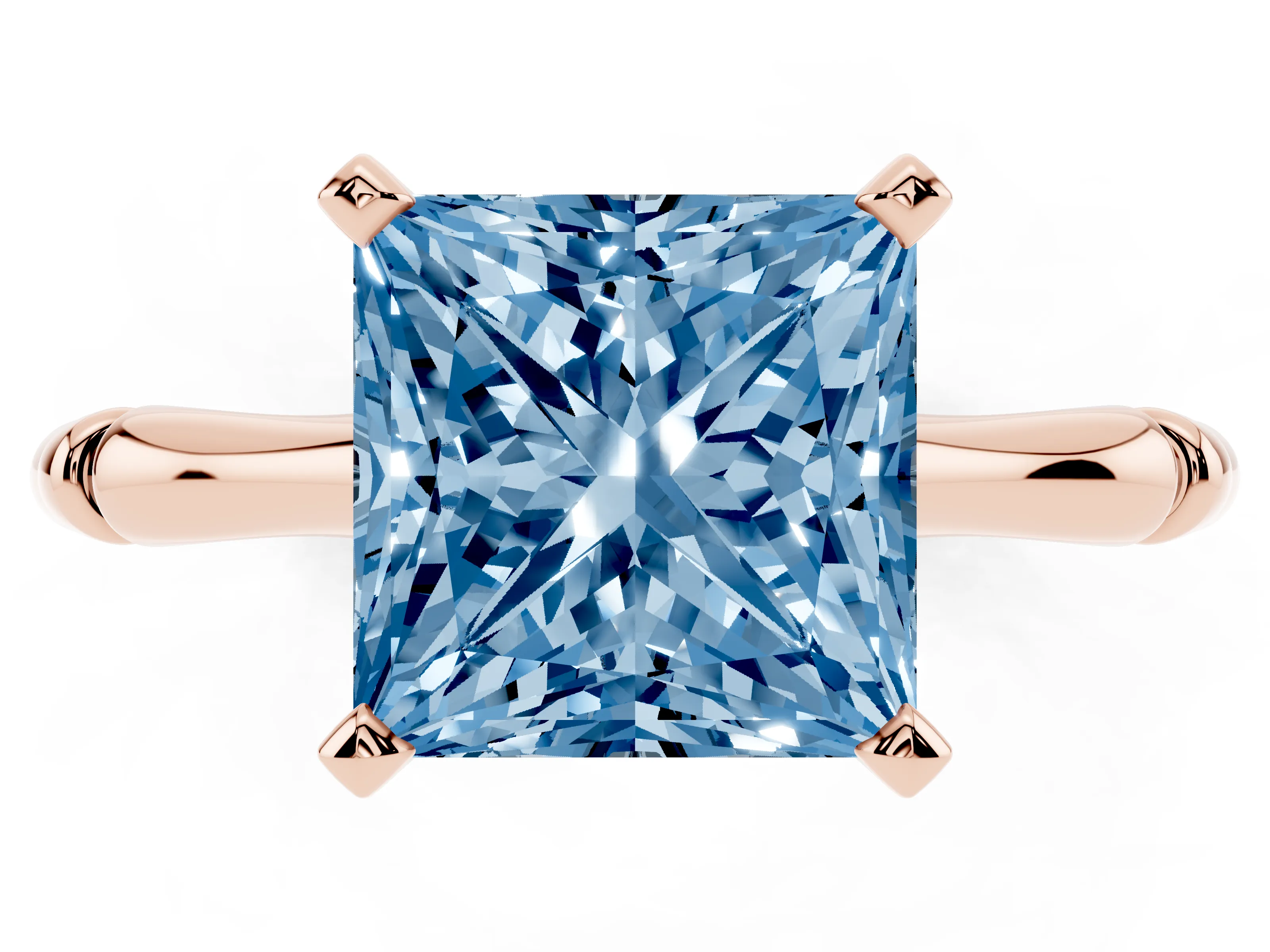 Fancy Blue Princess Cut Diamond Solitaire Ring Set in Rose gold with Bamboo Band and Prong Setting