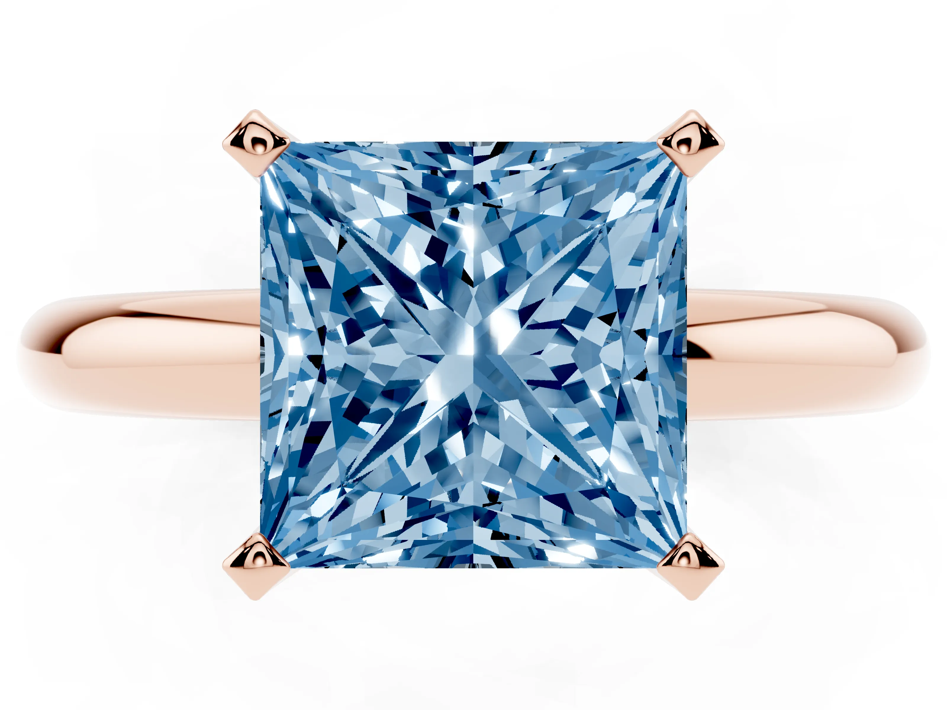 Fancy Blue Princess Cut Diamond Solitaire Engagement Ring Set in Rose gold with Round Band and Prong Setting