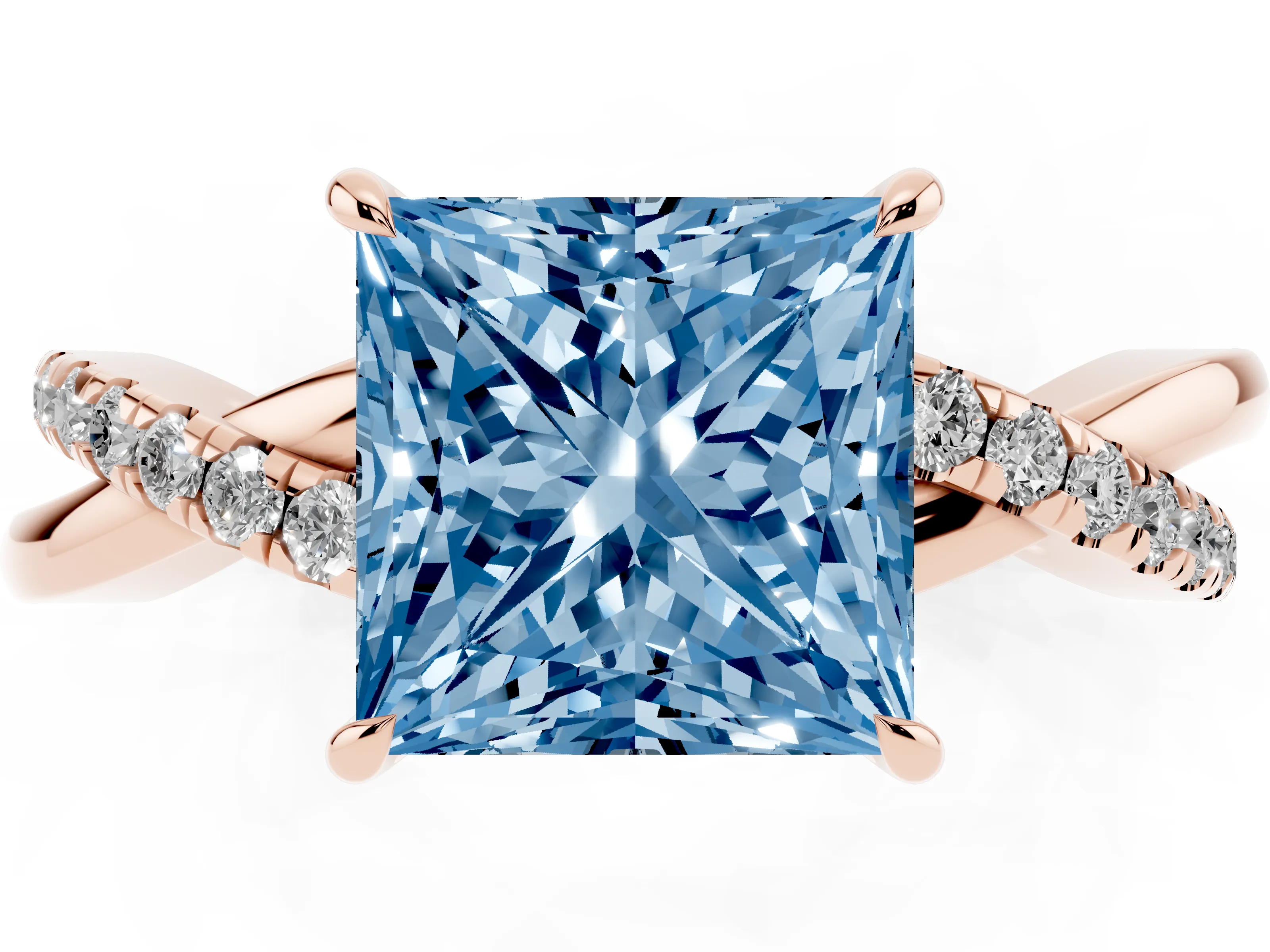 Fancy Blue Princess Cut Diamond Twisted Pavé Band Ring Set in Rose gold with Prong Setting