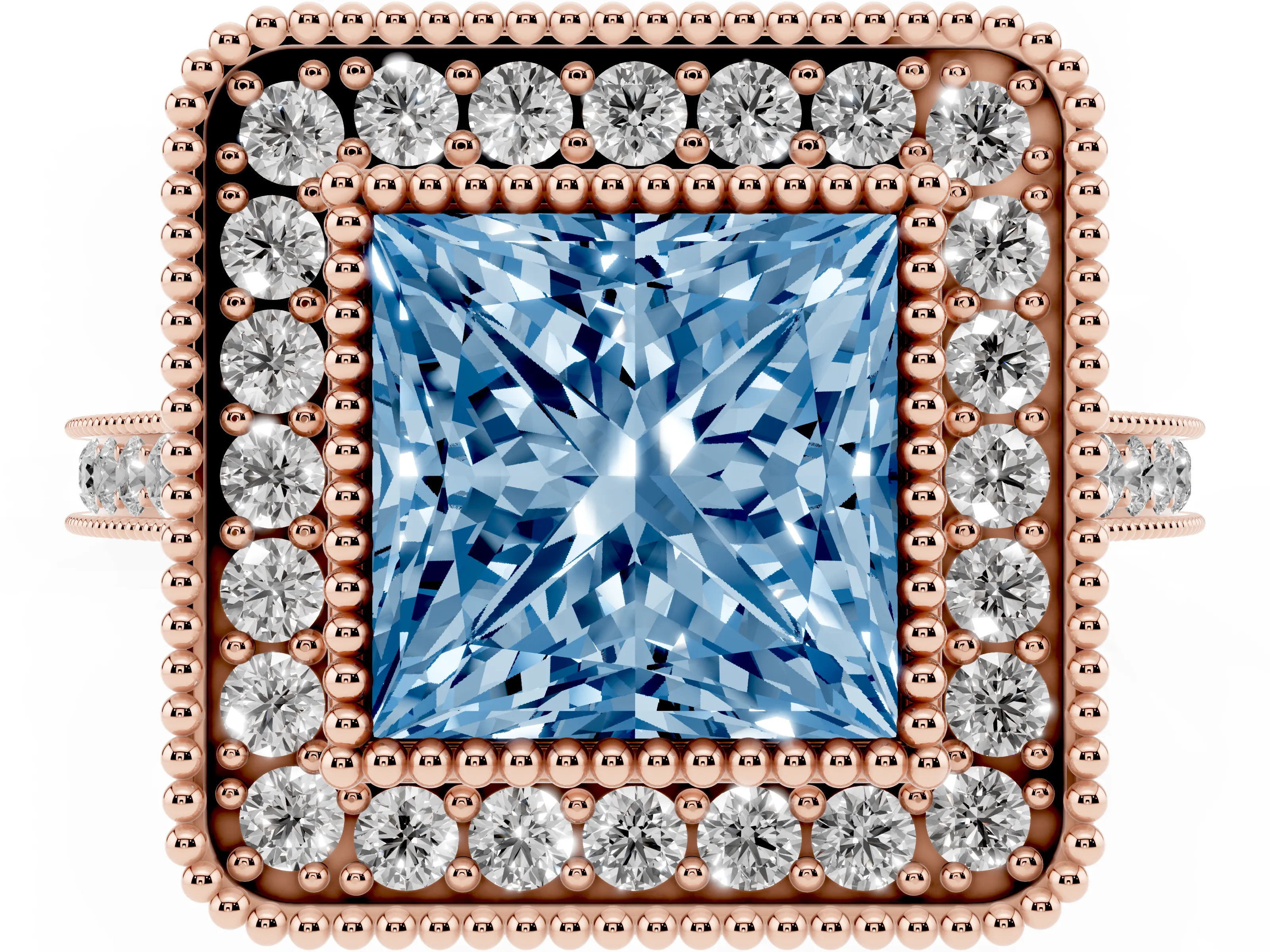 Fancy Blue Princess Cut Diamond Halo Ring Set in Rose gold with Milgrain Frame and Pavé Band