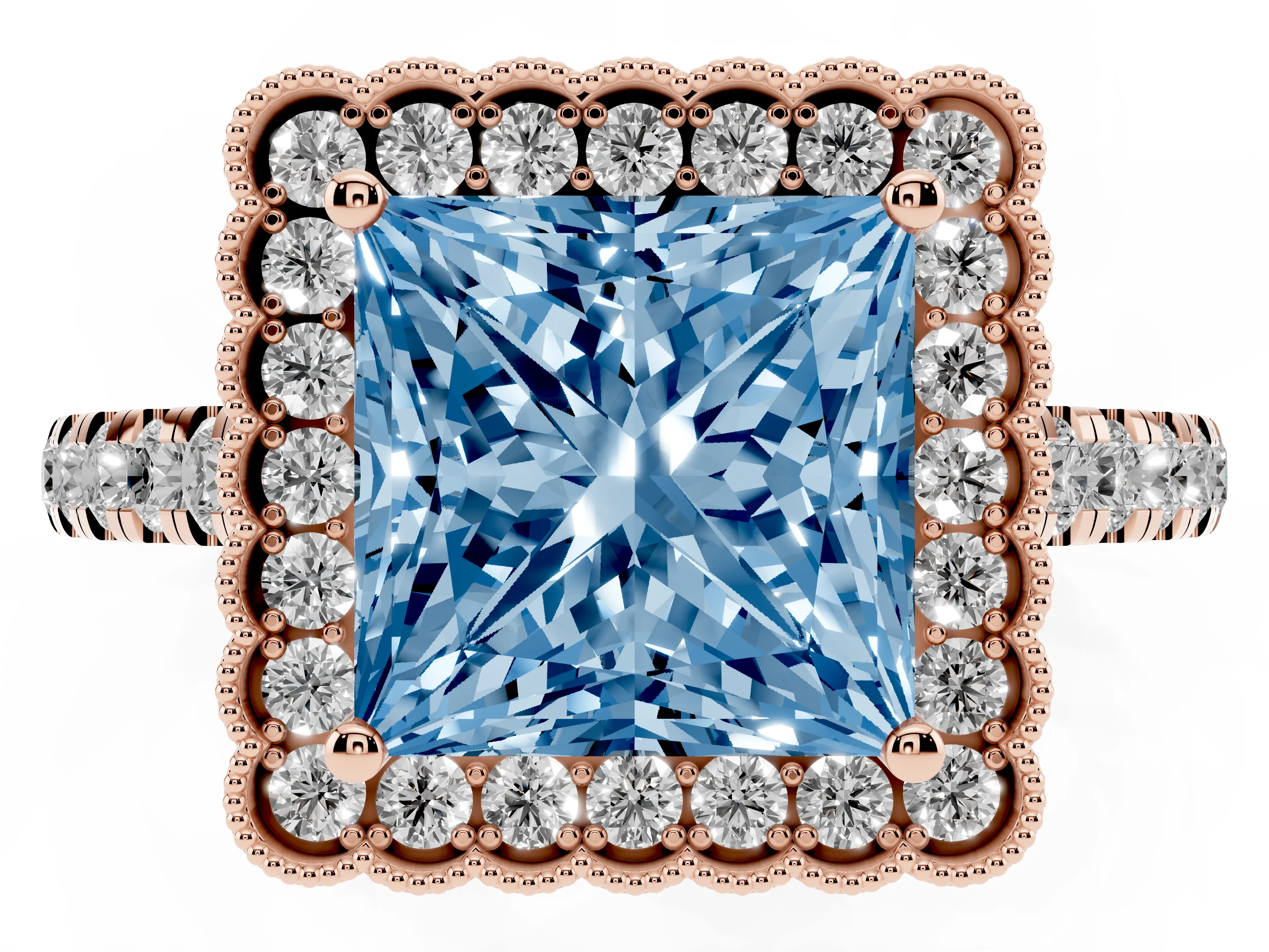 Fancy Blue Princess Cut Diamond Milgrain Floral Halo Engagement Ring Set in Rose gold with Pavé Band