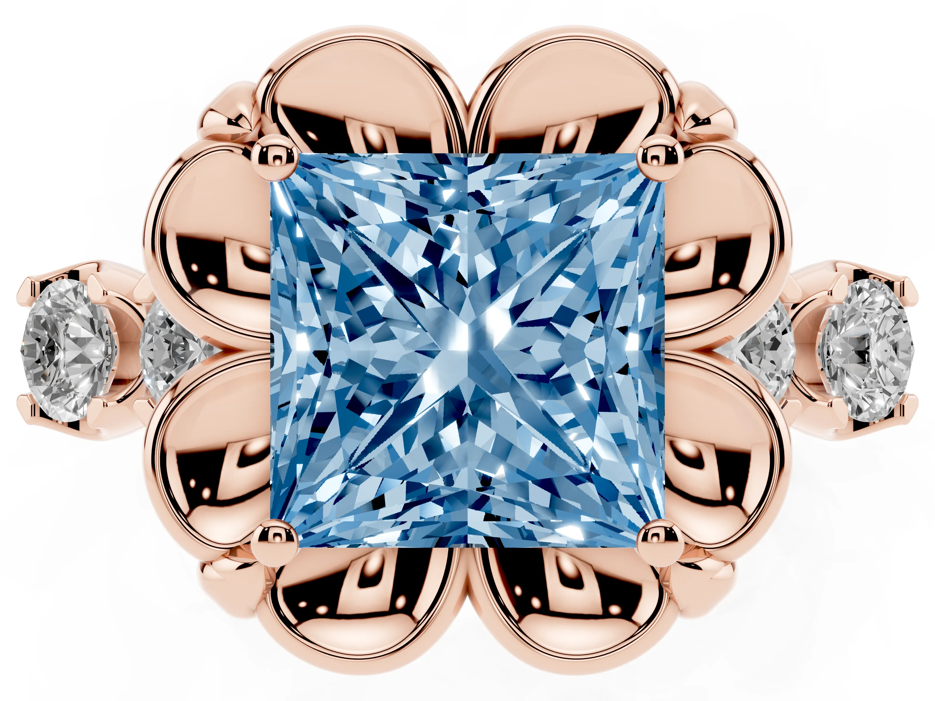 Fancy Blue Princess Cut Diamond Floral Halo Ring Set in Rose gold with Shared Prong Band