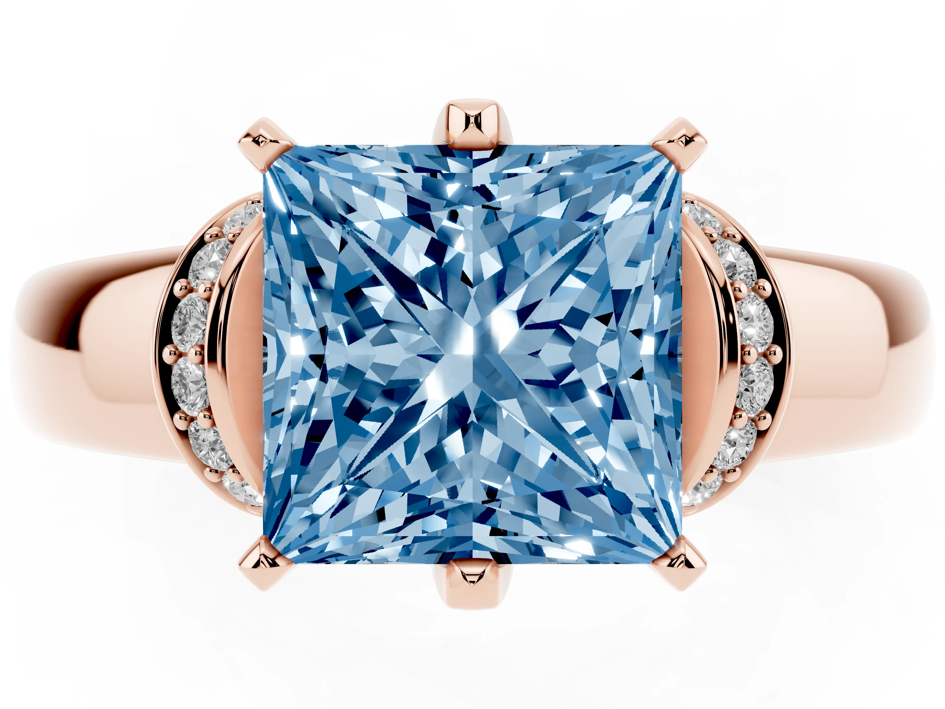 Fancy Blue Princess Cut Diamond Pavé Band Solitaire Ring Set in Rose gold with Prong Setting
