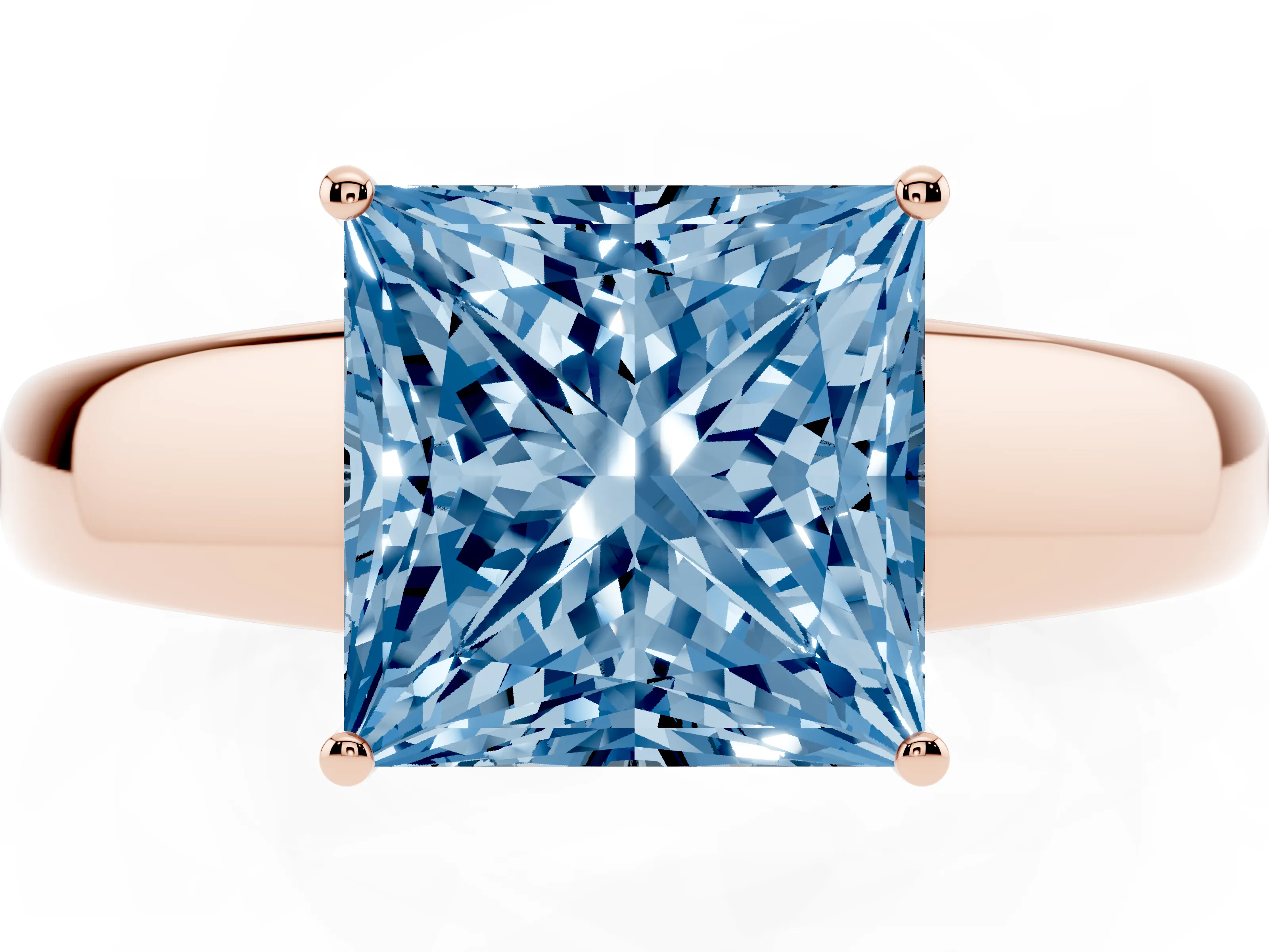 Fancy Blue Princess Cut Diamond Solitaire Ring Set in Rose gold with Tapered Band and Prong Setting