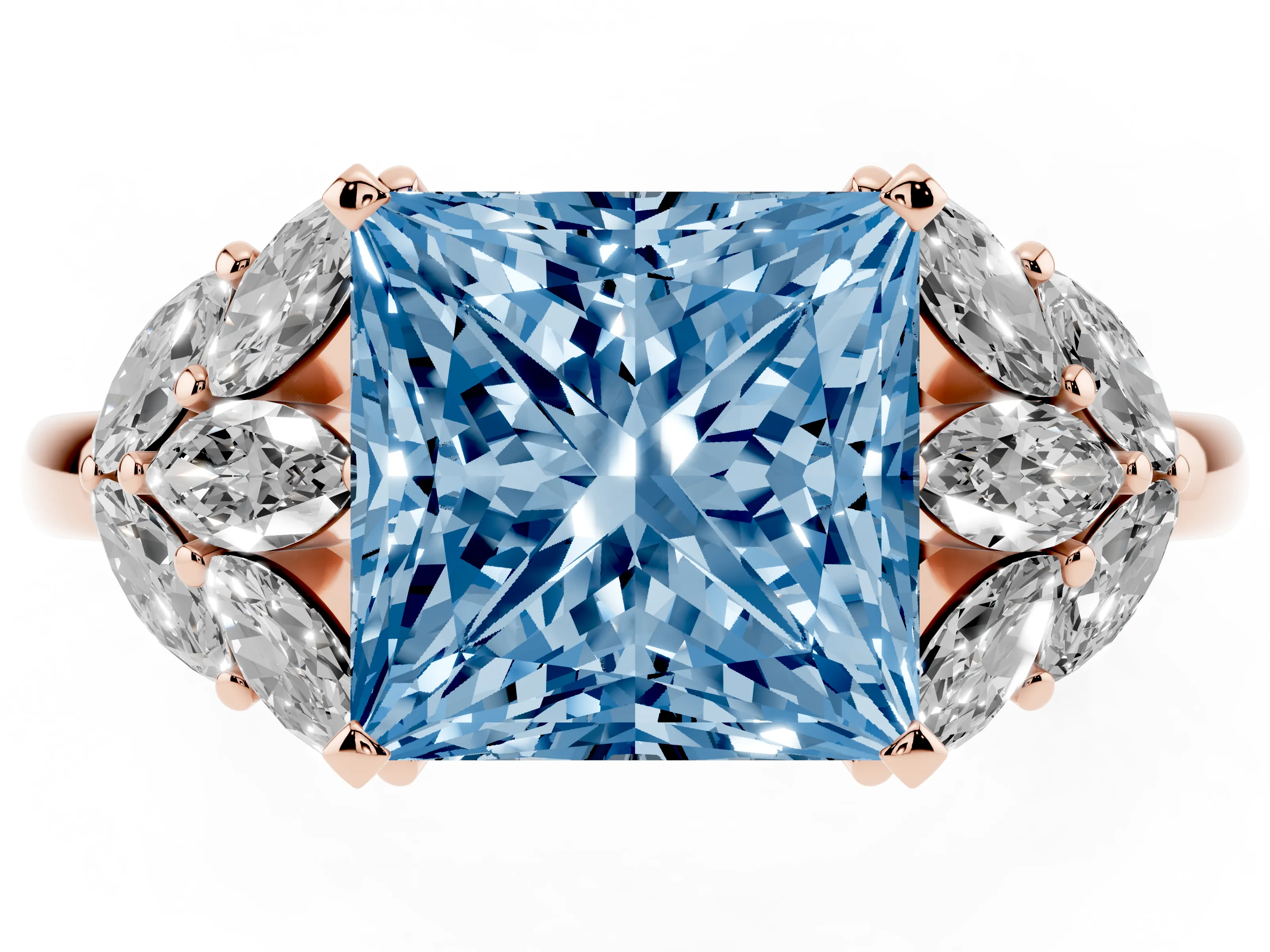 Fancy Blue Princess Cut Diamond Cluster Leaf Design Ring Set in Rose gold with Prong Setting