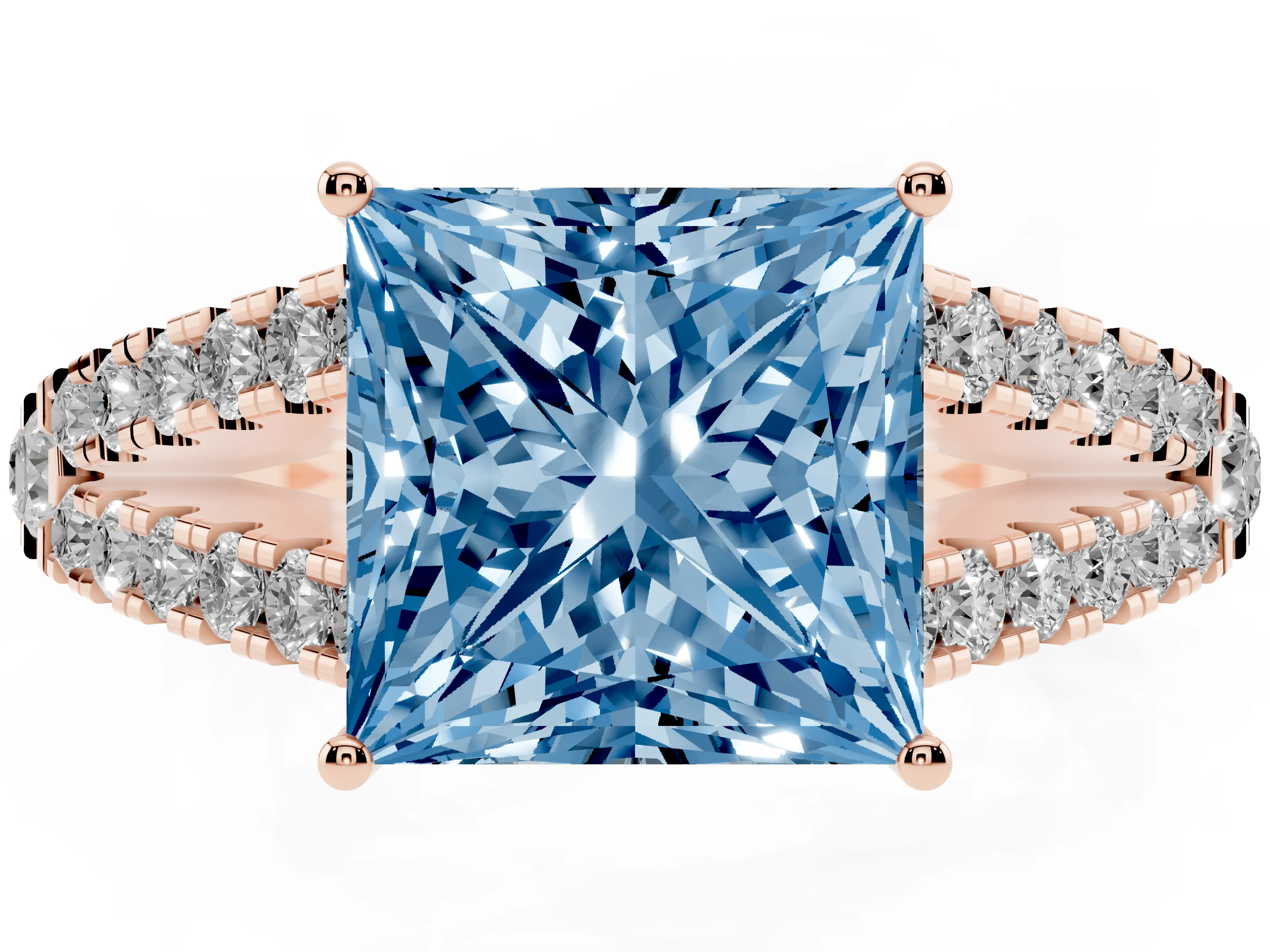 Fancy Blue Princess Cut Diamond Split Shank Pavé Engagement Ring Set in Rose gold with Prong-Held Center Stone