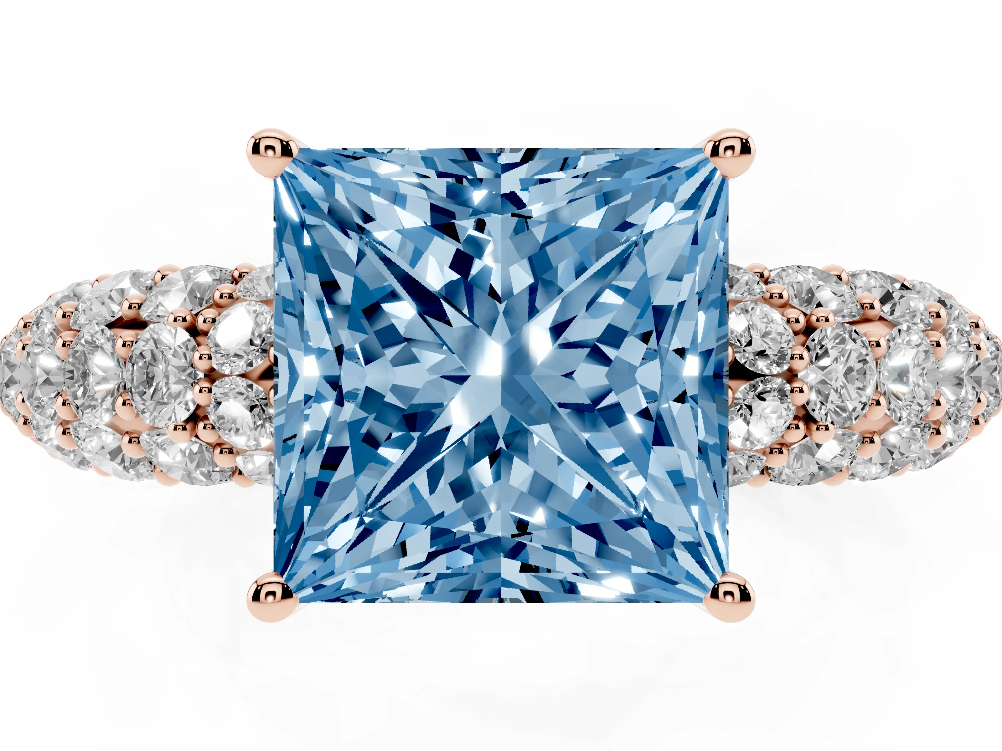 Fancy Blue Princess Cut Diamond Pavé Band Solitaire Ring Set in Rose gold with Close-Set Accent Stones and Prong Setting