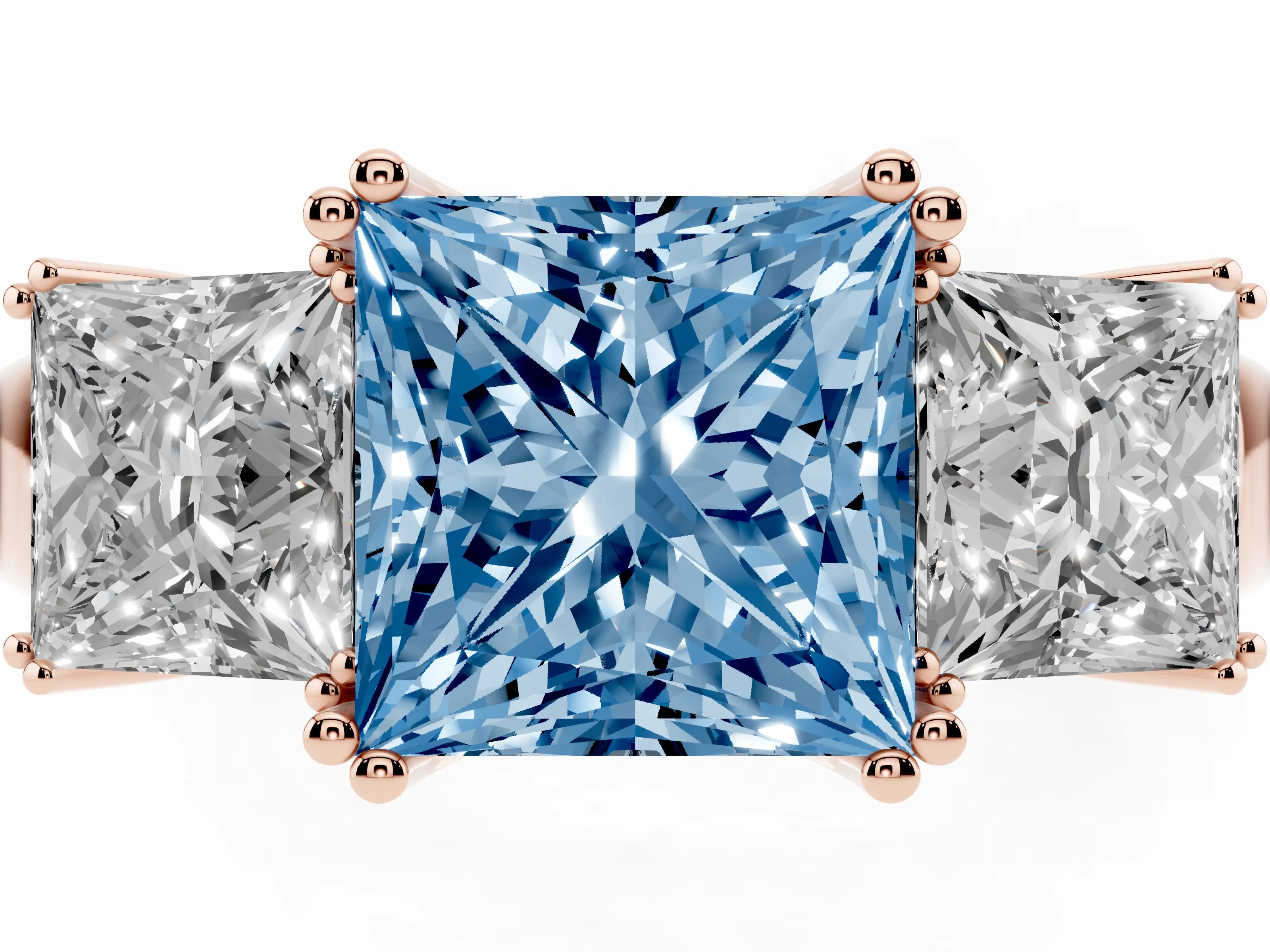 Fancy Blue Princess Cut Diamond Three-Stone Ring Set in Rose gold with Polished Channel-Set Band