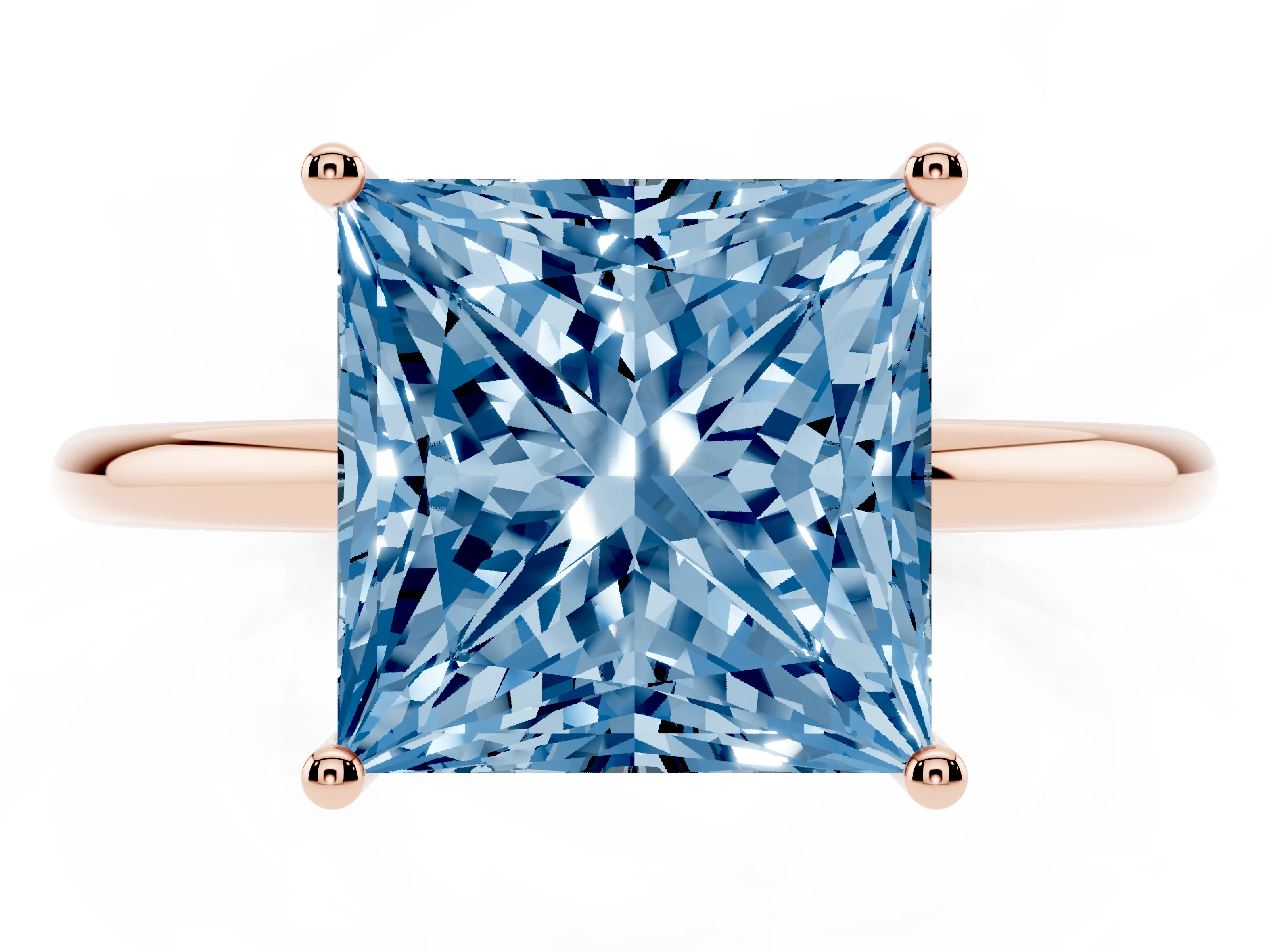 Fancy Blue Princess Cut Diamond Solitaire Engagement Ring Set in Rose gold with Thin Band and Prong Setting