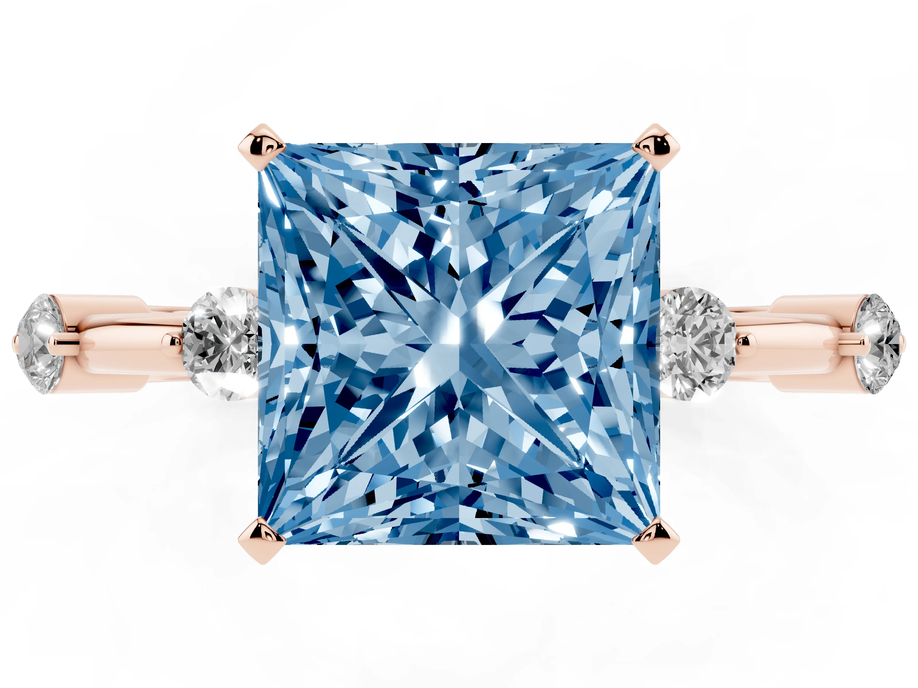 Fancy Blue Princess Cut Diamond Solitaire Ring Set in Rose gold with Bezel Set Side Stones and Prong Setting