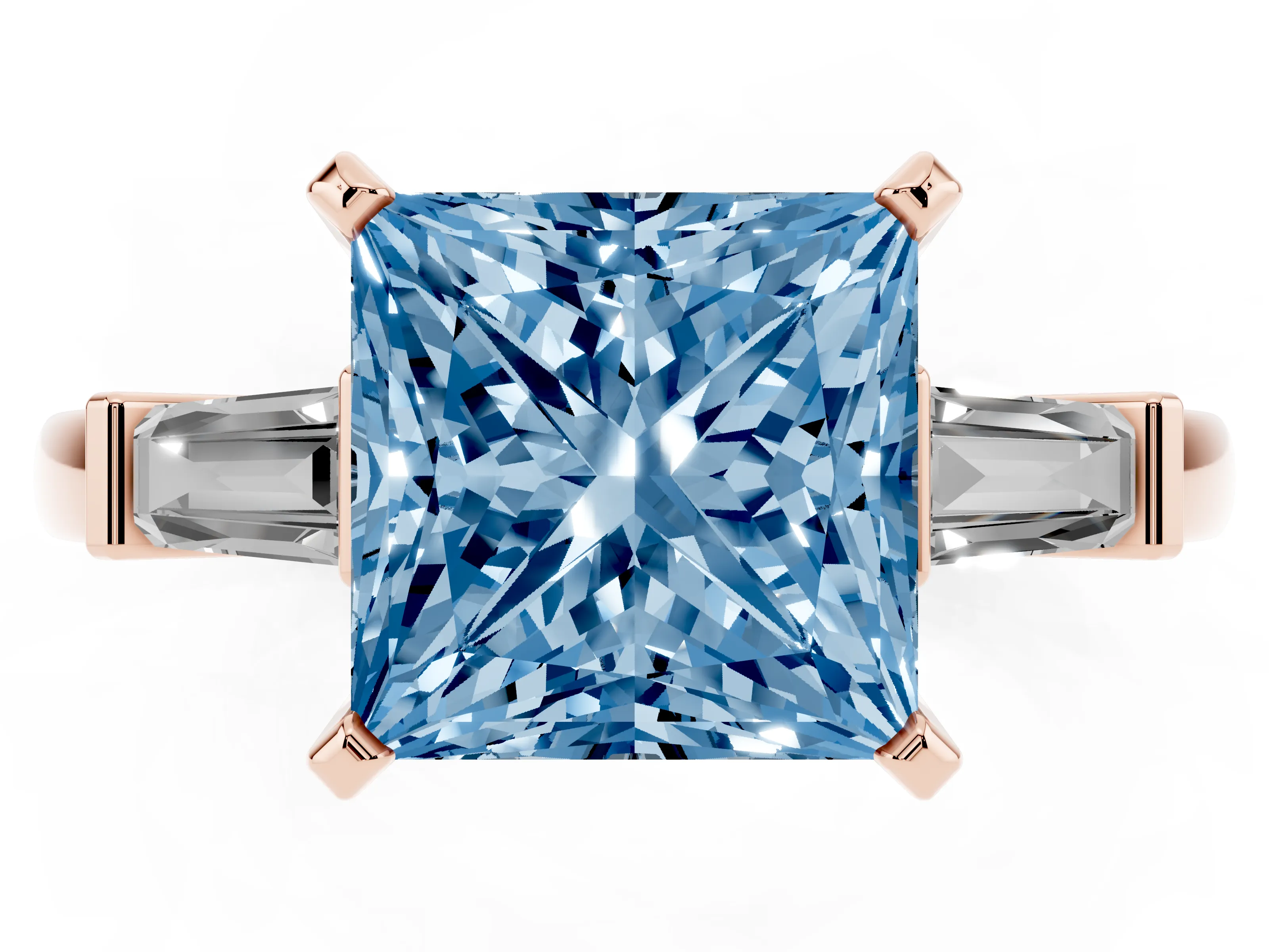 Fancy Blue Princess Cut Diamond Solitaire Ring Set in Rose gold with Tapered Baguette Accents and Prong Setting