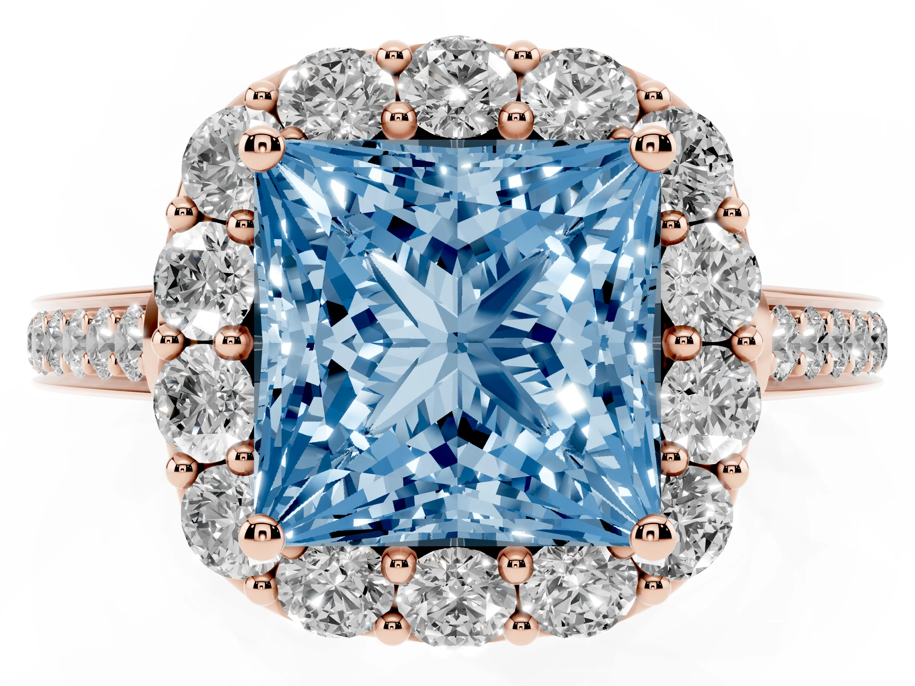 Fancy Blue Princess Cut Diamond Floral Halo Ring Set in Rose gold with Pavé Band and Prong Setting
