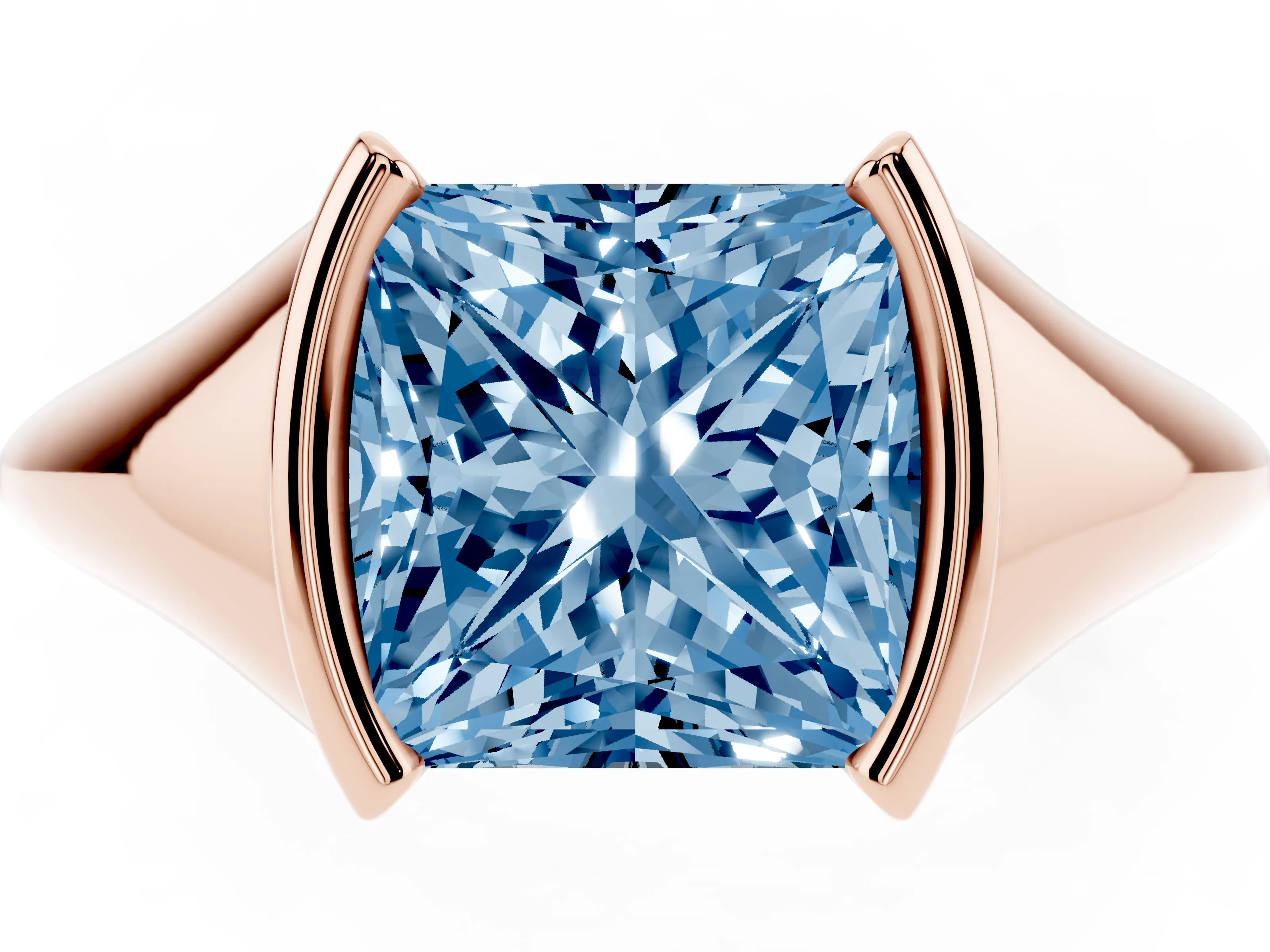 Fancy Blue Princess Cut Diamond Solitaire Tension Set Ring Set in Rose gold