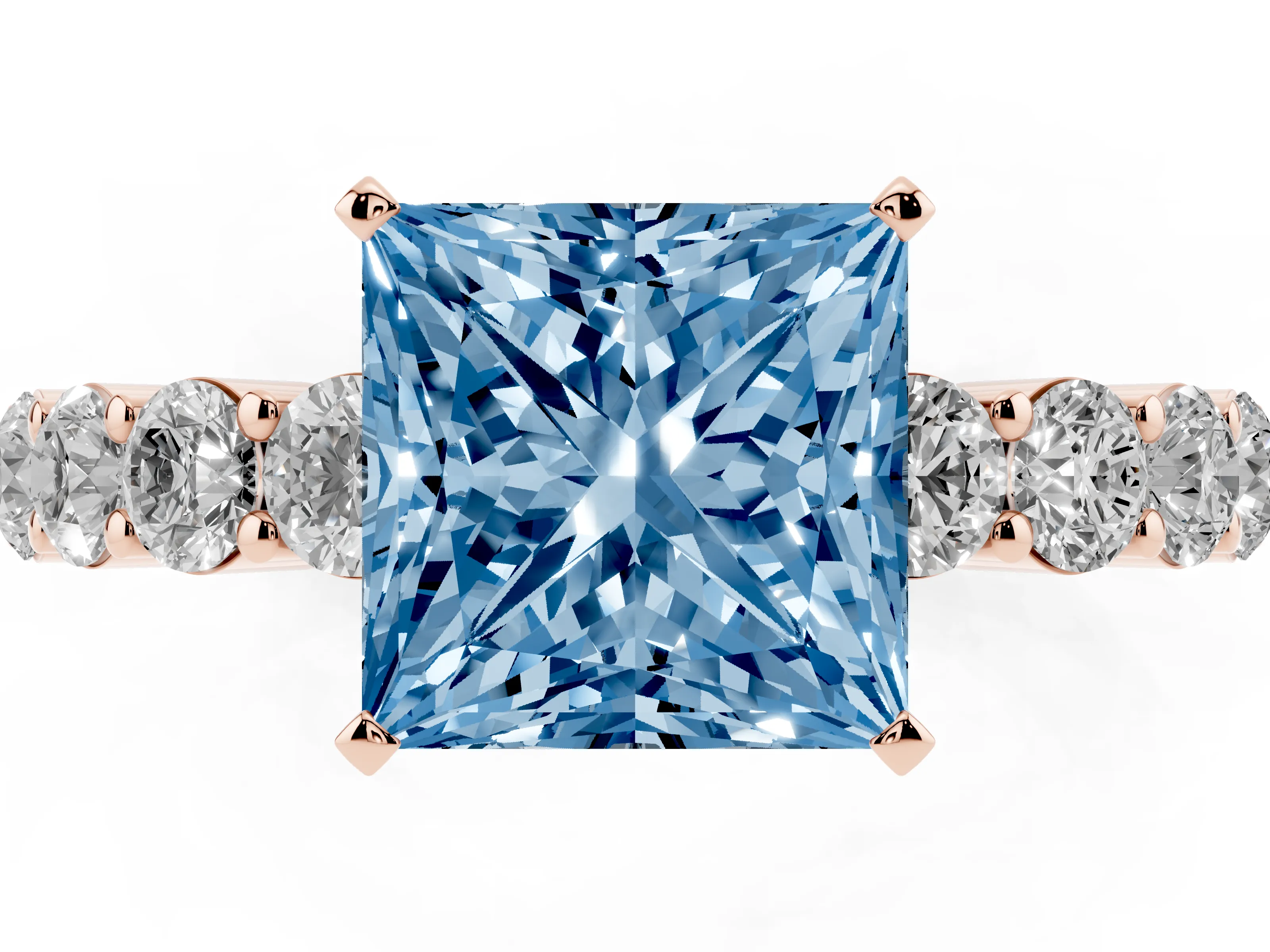 Fancy Blue Princess Cut Diamond Solitaire Ring Set in Rose gold with Shared Prong Round Side Stones