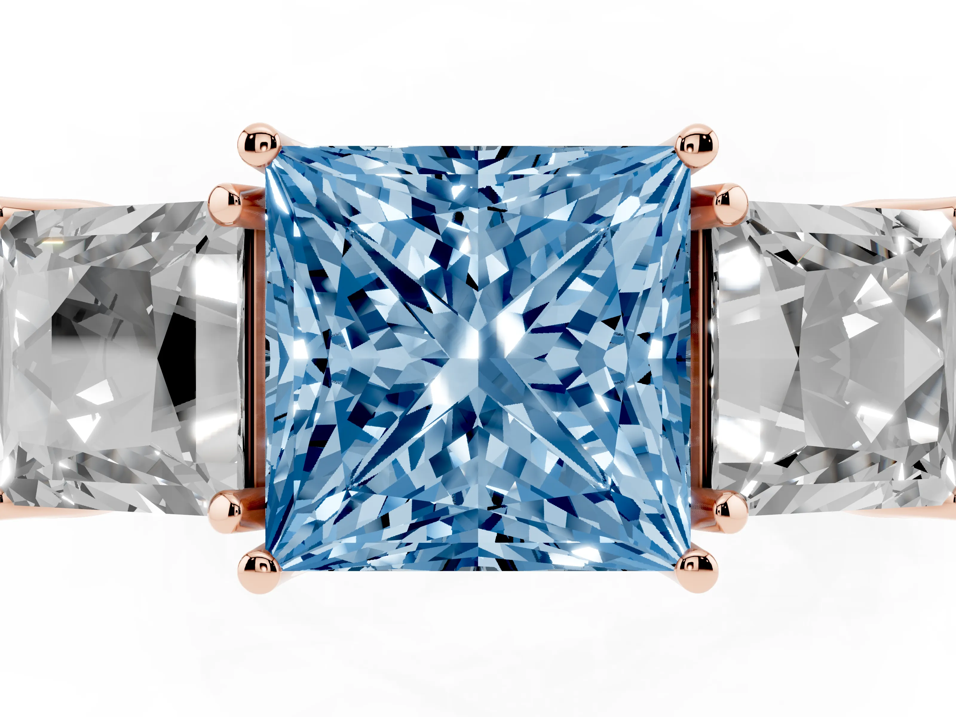 Fancy Blue Princess Cut Diamond Three-Stone Engagement Ring Set in Rose gold with Milgrain Pavé Band