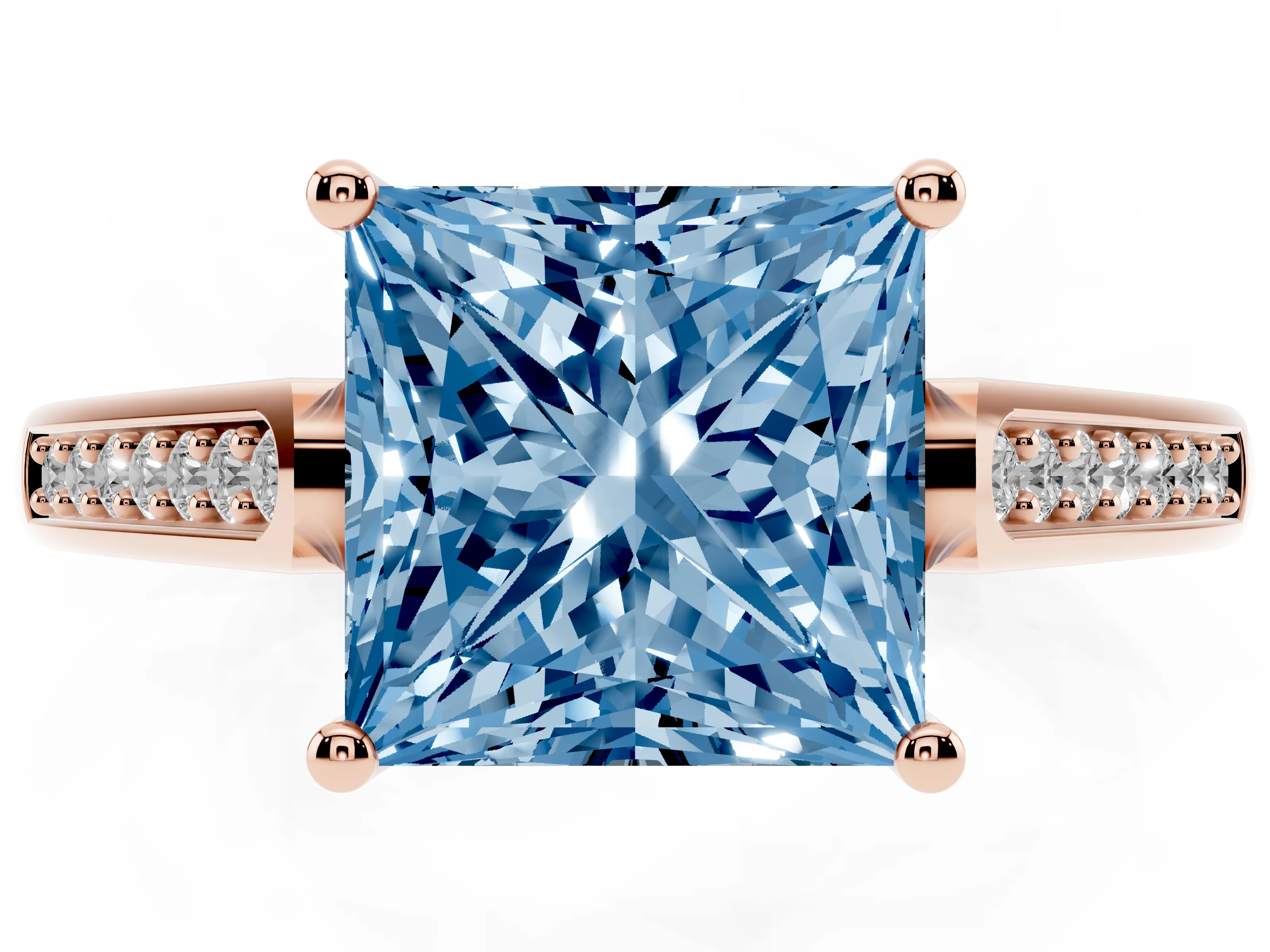 Fancy Blue Princess Cut Diamond Solitaire Cathedral Engagement Ring Set in Rose gold with Channel-Set Band and Prong Setting