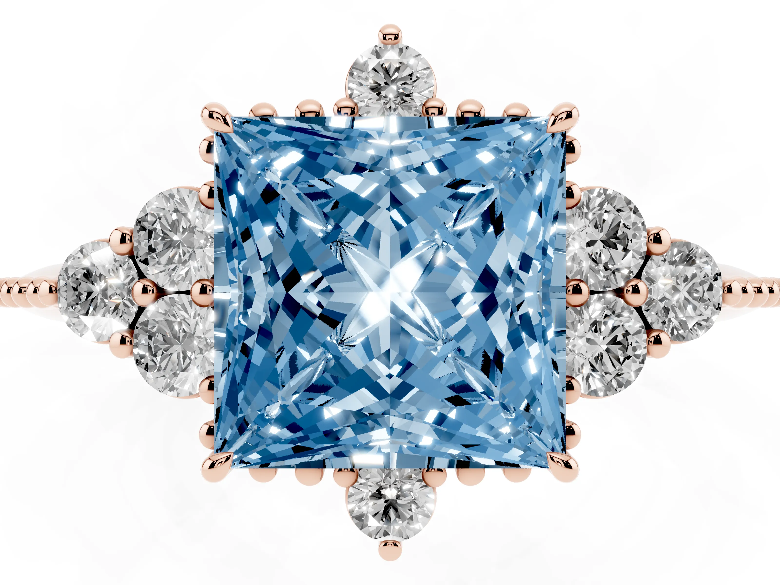Fancy Blue Princess Cut Diamond Cluster Ring Set in Rose gold with Beaded Band