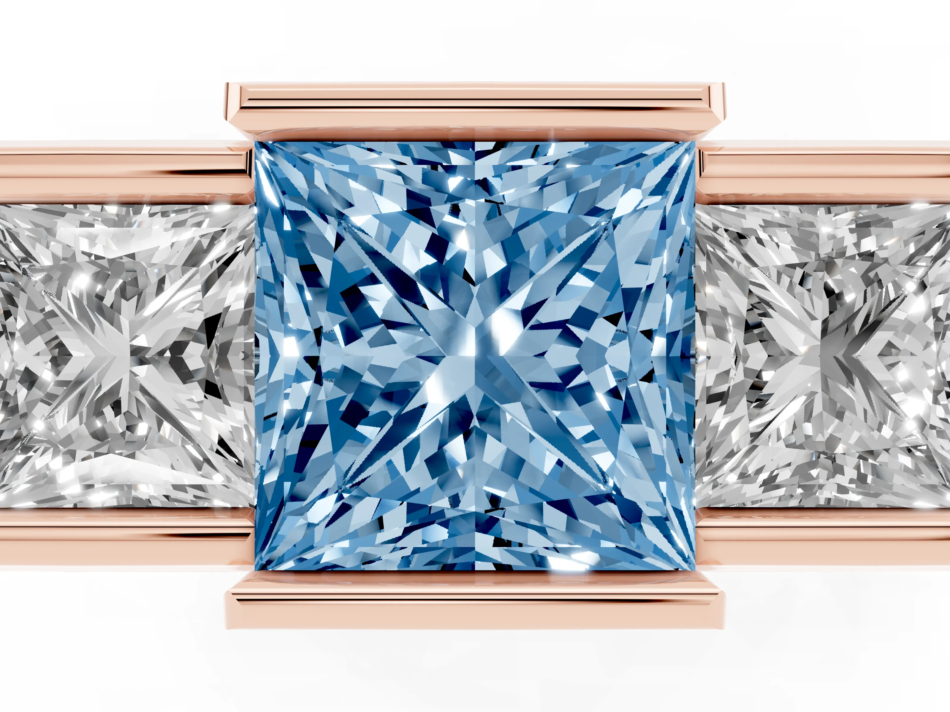 Fancy Blue Princess Cut Diamond Three-Stone Channel Set Ring Set in Rose gold with Smooth Polished Band