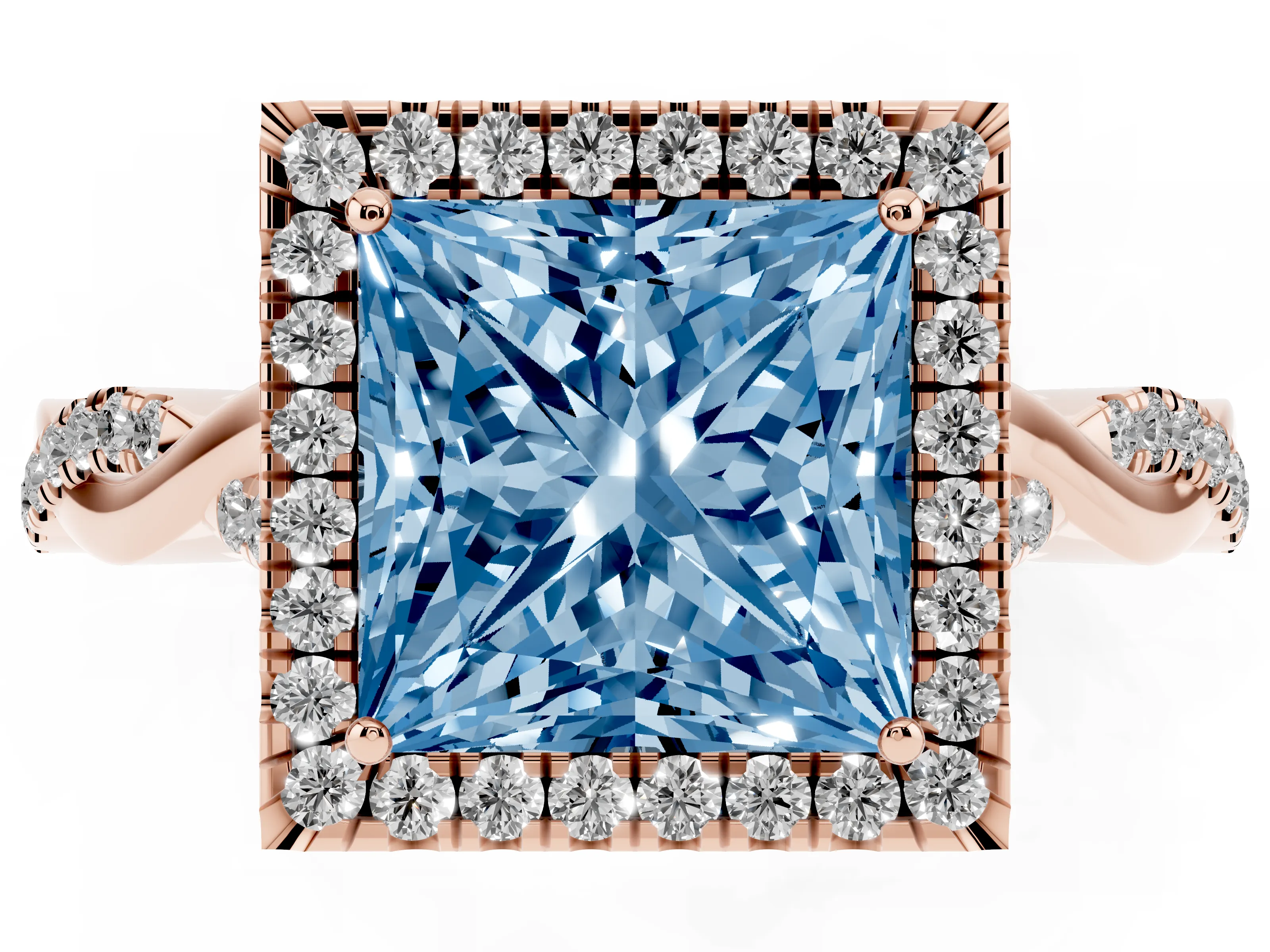 Fancy Blue Princess Cut Diamond Halo Twist Band Solitaire Ring Set in Rose gold with Prong Setting