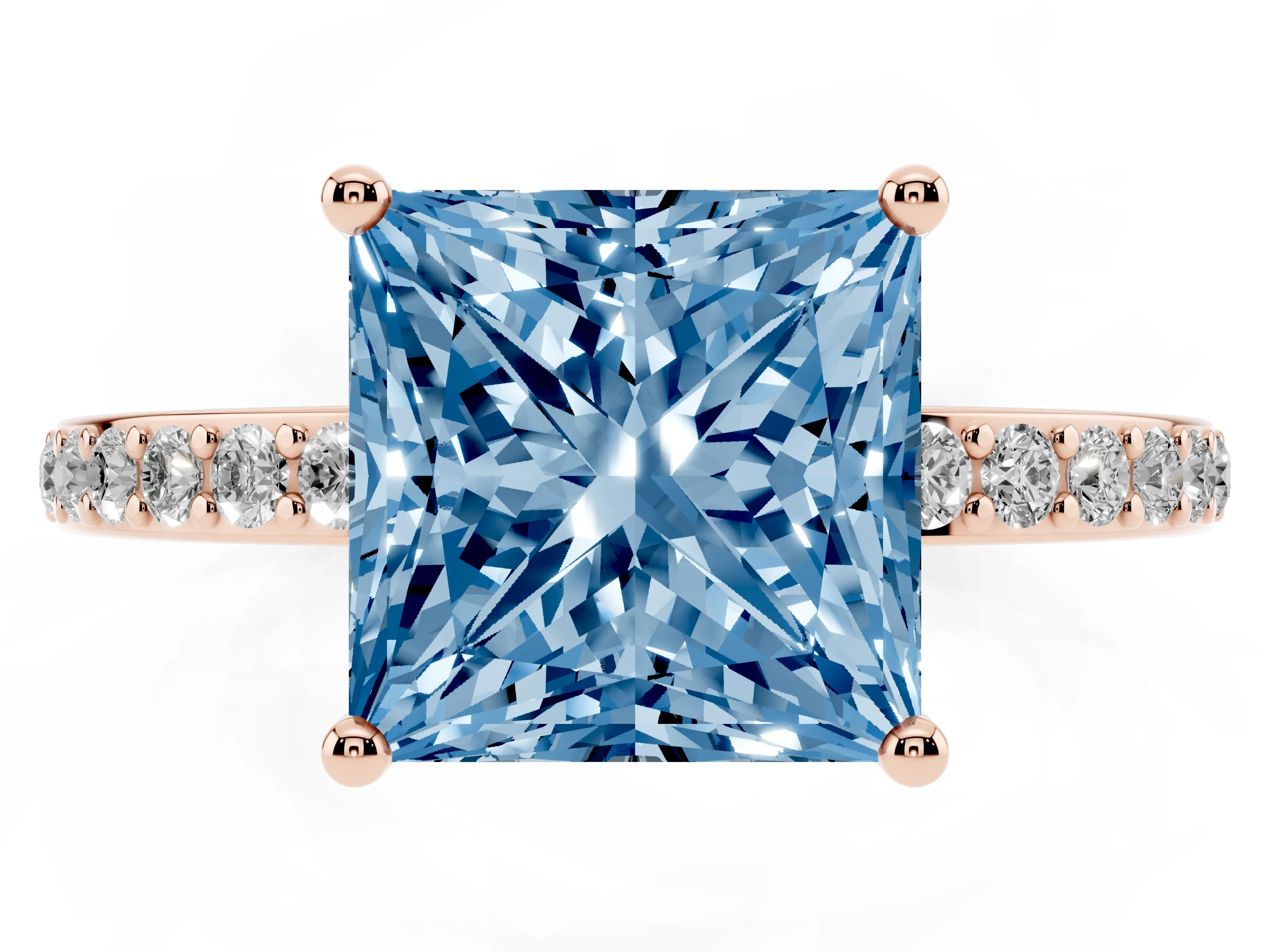 Fancy Blue Princess Cut Diamond Pavé Band Ring Set in Rose gold with Prong-Set Center Stone