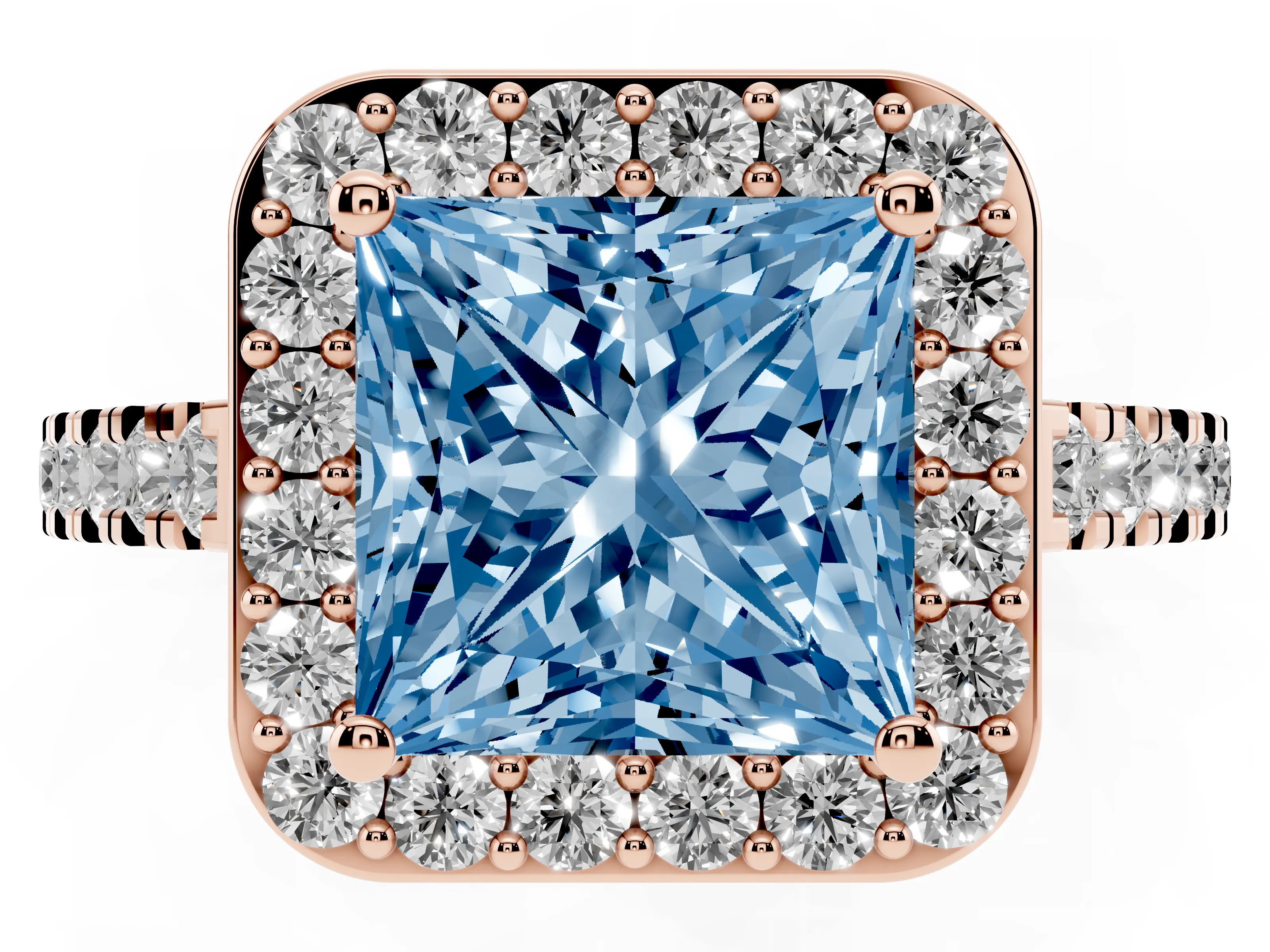 Fancy Blue Princess Cut Diamond Halo Ring Set in Rose gold with Round Pavé Split Shank and Prong Setting