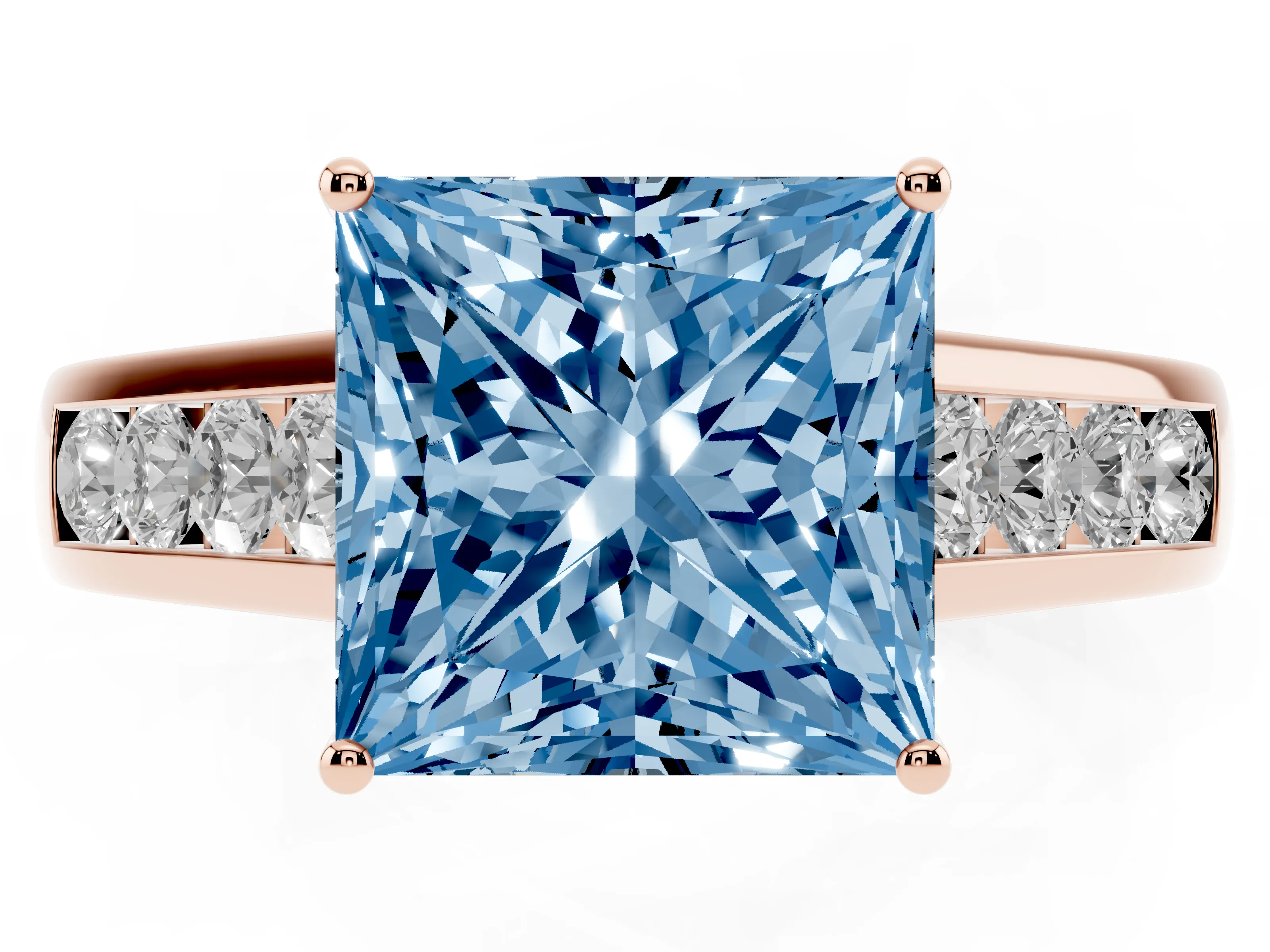 Fancy Blue Princess Cut Diamond Solitaire Channel-Set Engagement Ring Set in Rose gold with Prong Setting