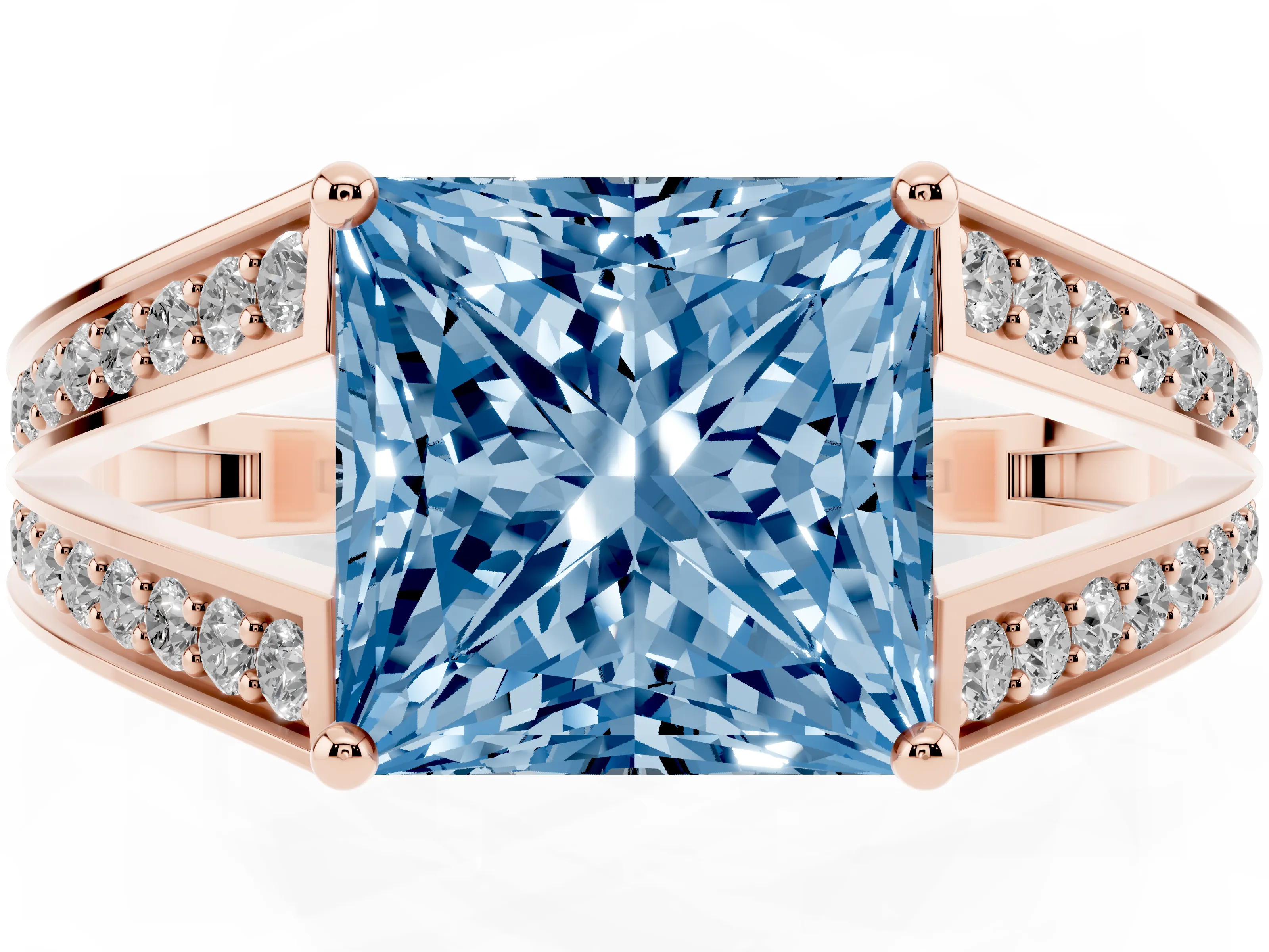 Fancy Blue Princess Cut Diamond Split Shank Ring Set in Rose gold with Pavé Band and Prong Setting