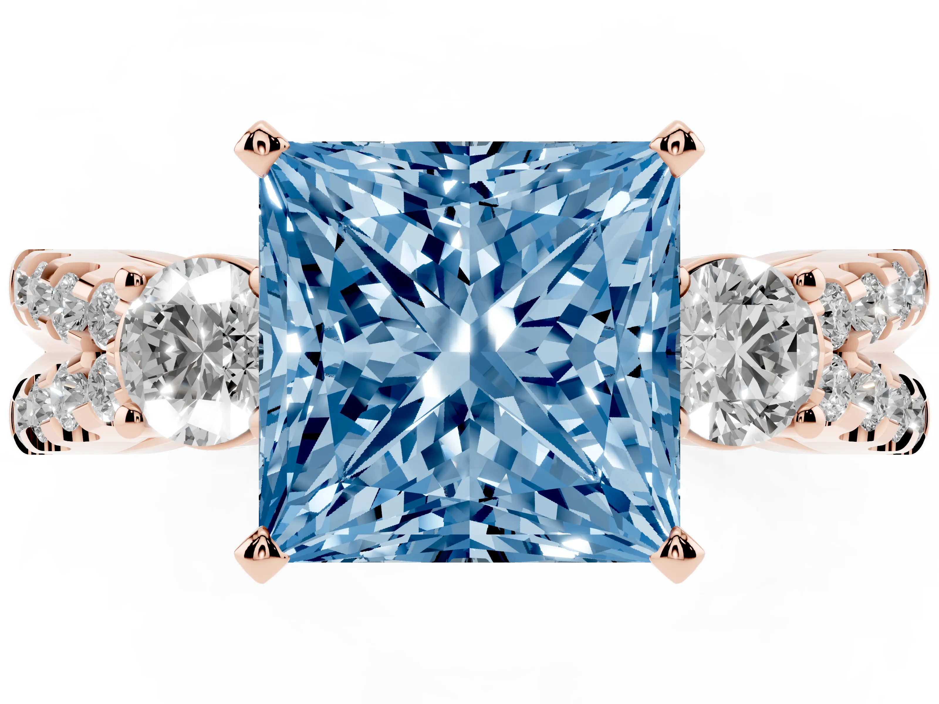 Fancy Blue Princess Cut Diamond Three-Stone Ring Set in Rose gold with Pavé Split Shank and Prong Setting