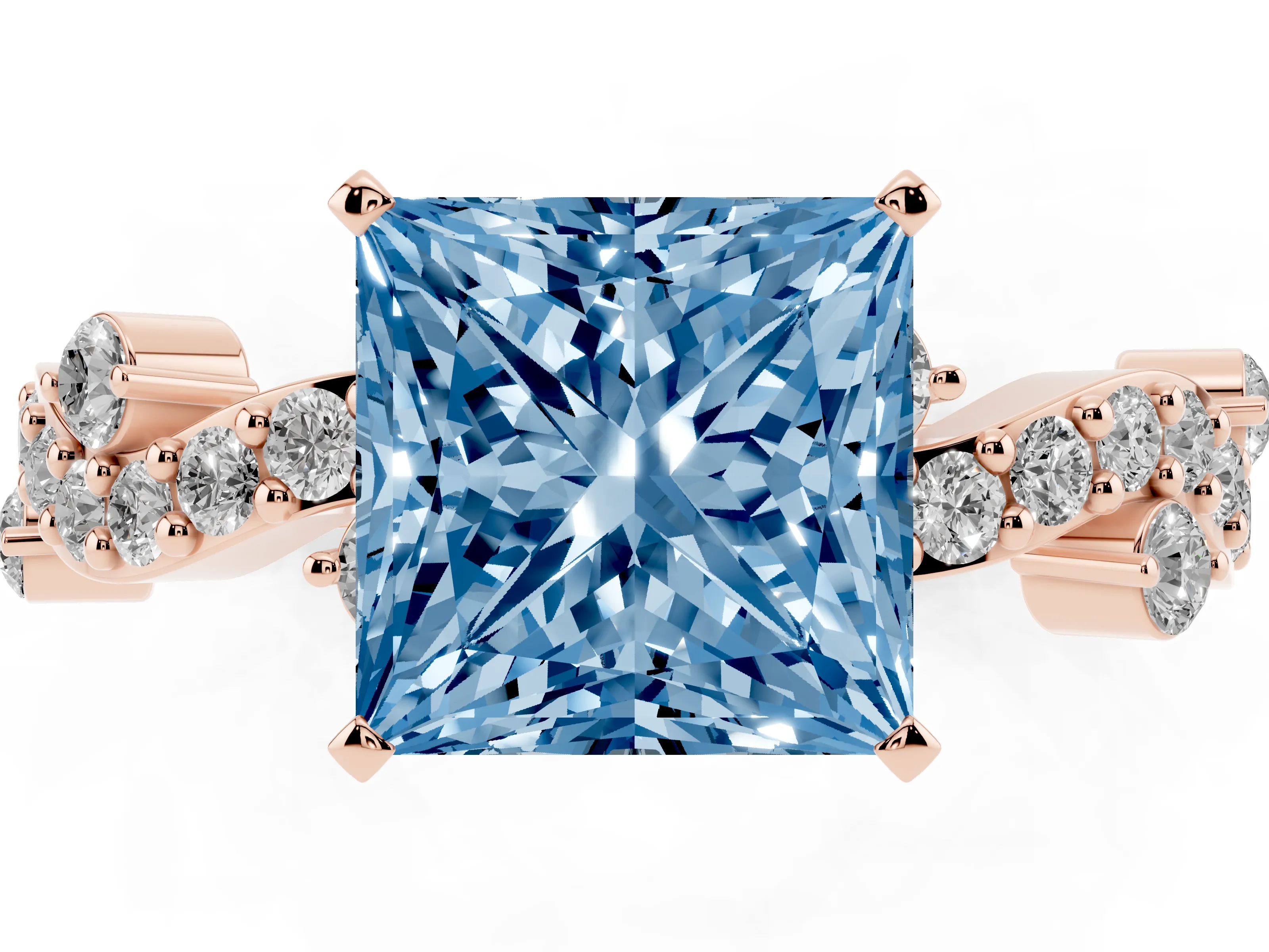 Fancy Blue Princess Cut Diamond Solitaire Twisted Band Set in Rose gold with Pavé Setting