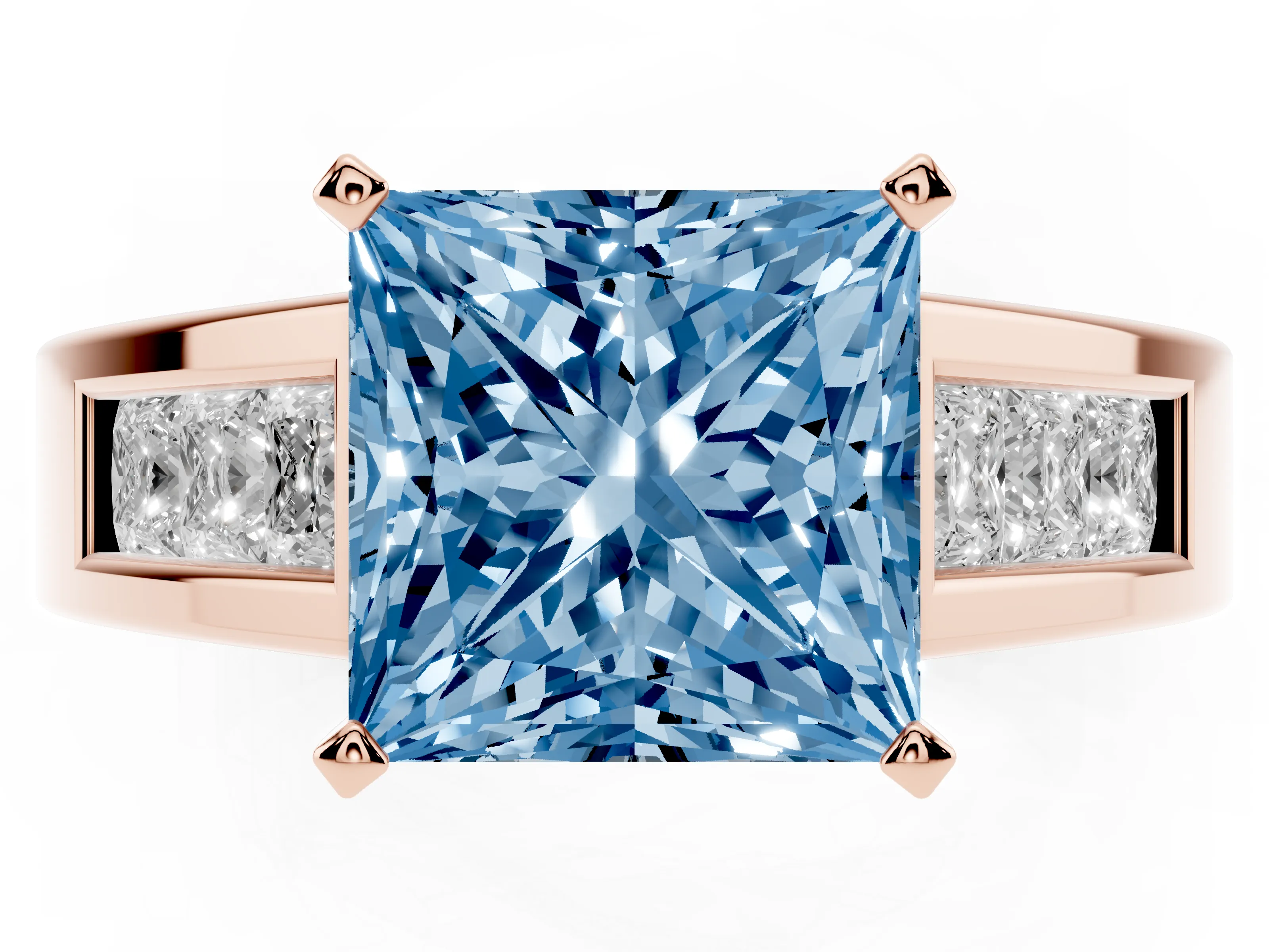 Fancy Blue Princess Cut Diamond Solitaire Ring Set in Rose gold with Channel-Set Accent Stones and Prong Setting