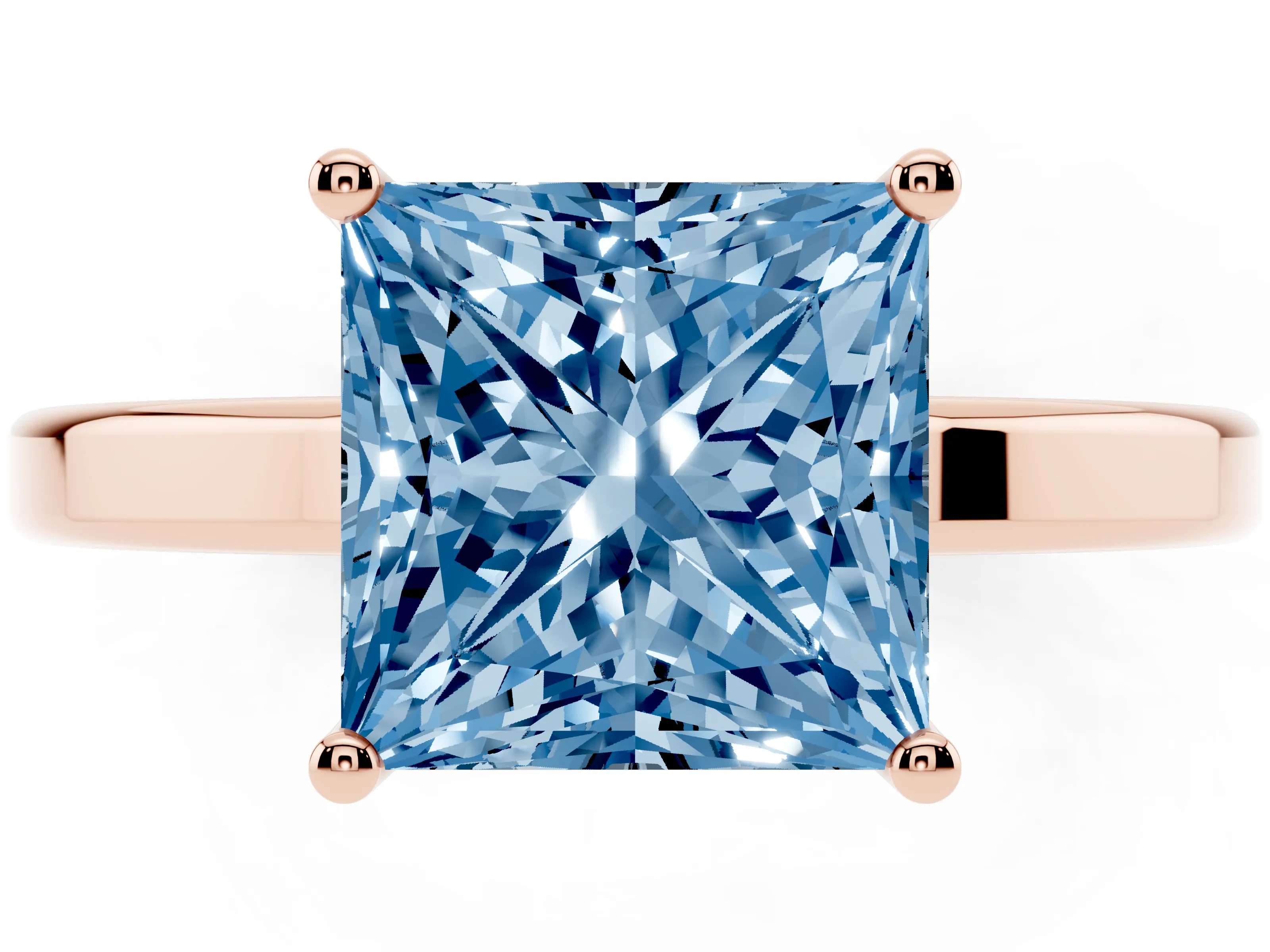 Fancy Blue Princess Cut Diamond Solitaire Engagement Ring Set in Rose gold with Prong Setting on a Plain Band