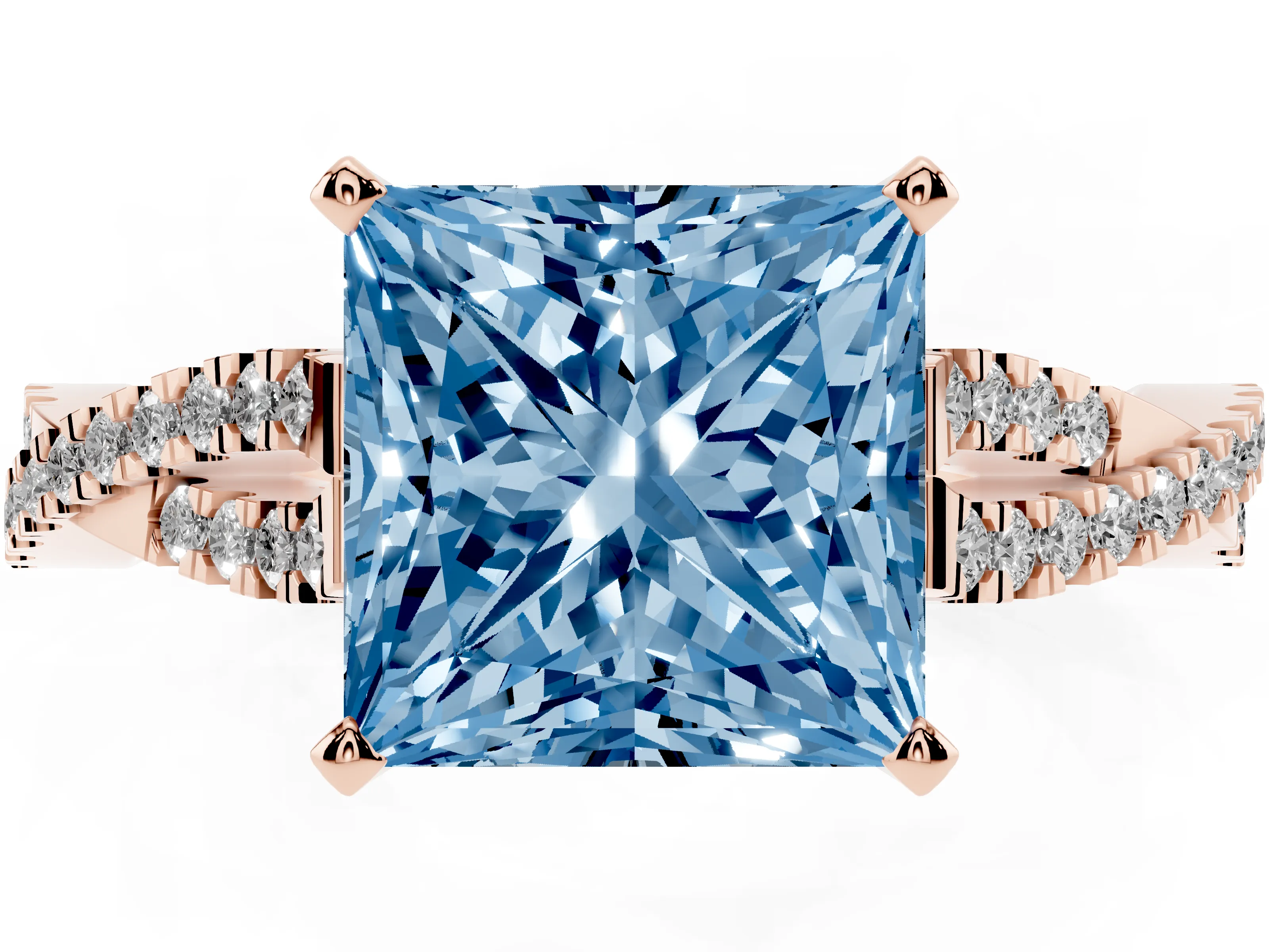 Fancy Blue Princess Cut Diamond Solitaire Engagement Ring Set in Rose gold with Twisted Pavé Band and Prong Setting