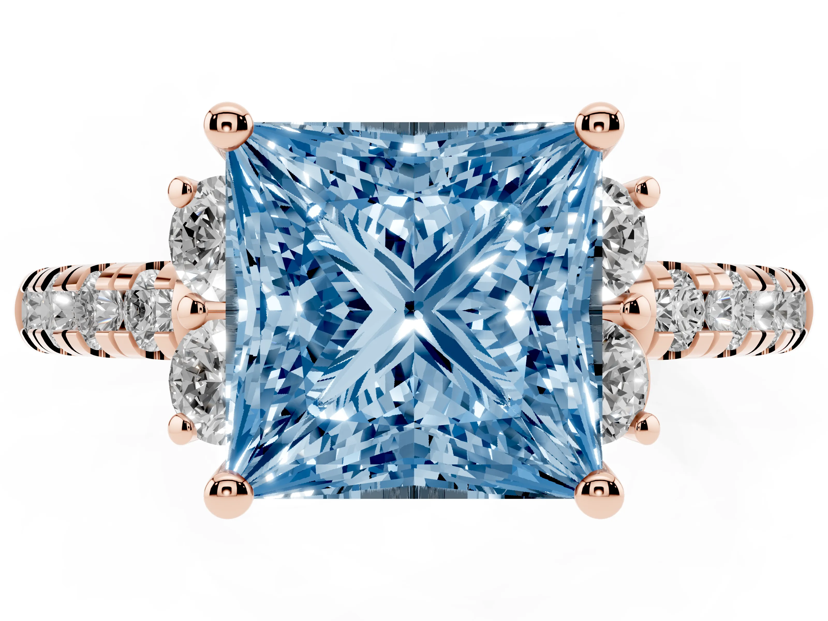 Fancy Blue Princess Cut Diamond Three-Stone Pavé Ring Set in Rose gold with Prong Setting