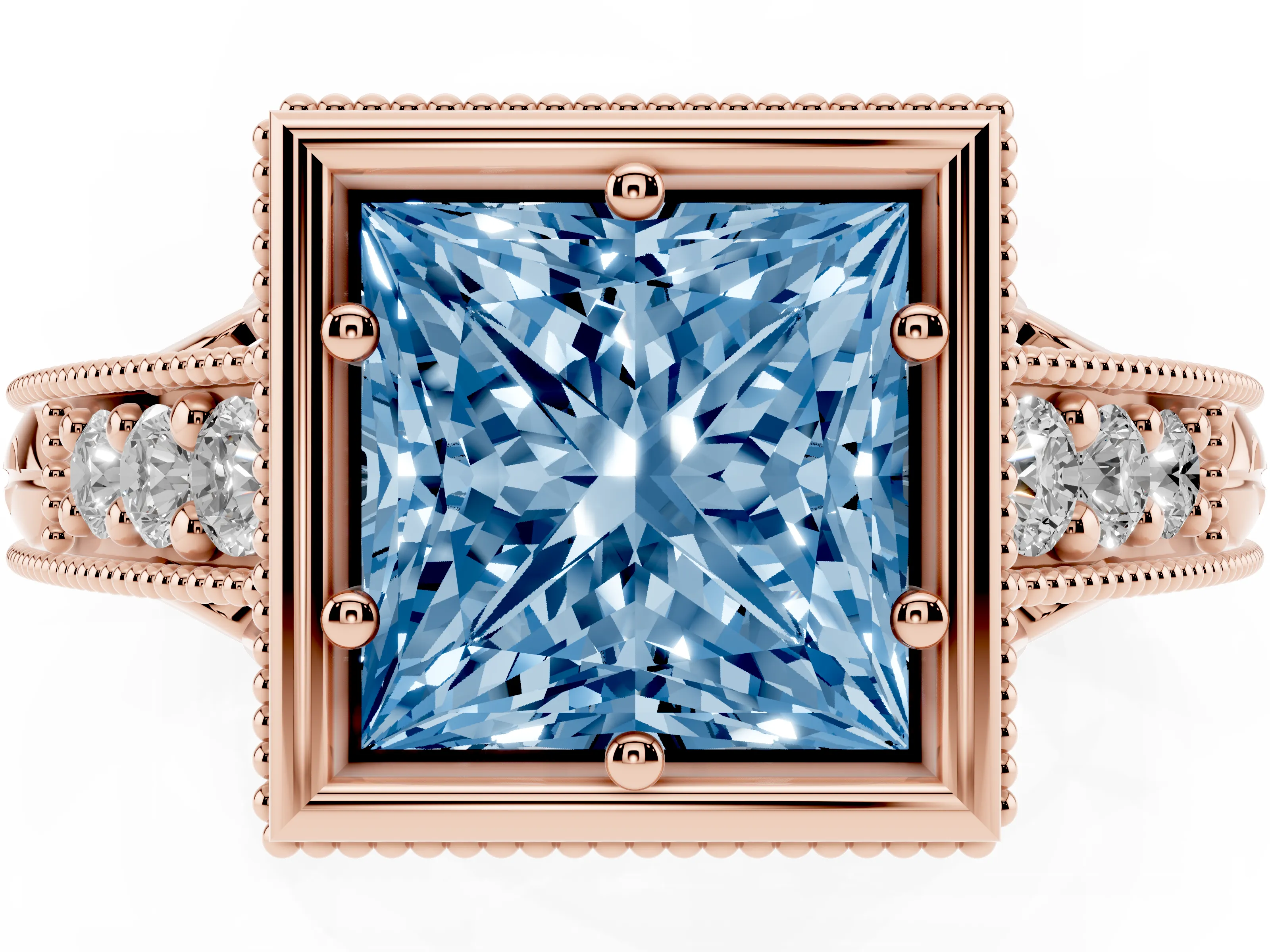 Fancy Blue Bezel Set Princess Cut Diamond Milgrain Pavé Engagement Ring Set in Rose gold
