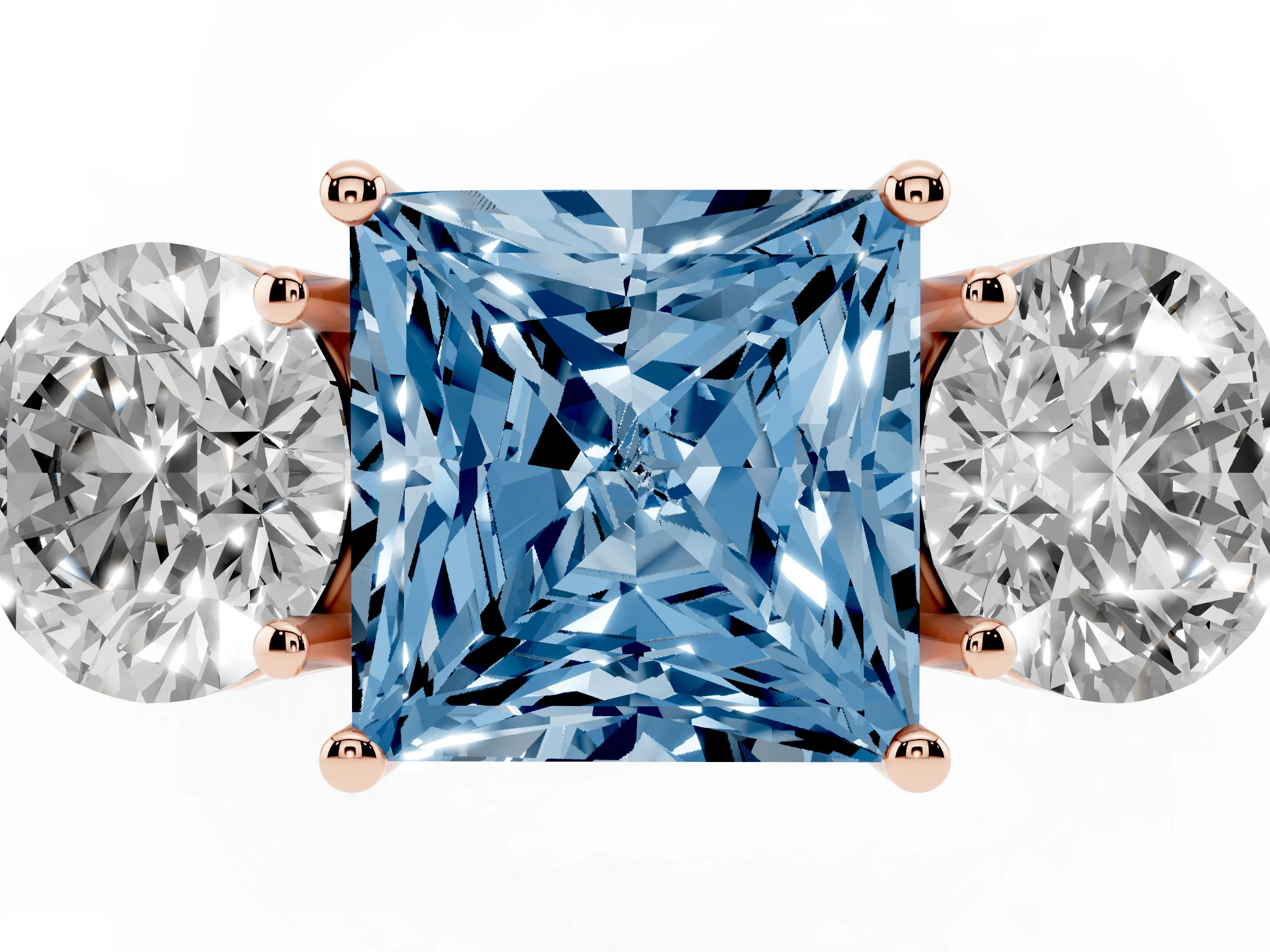 Fancy Blue Princess Cut Diamond Three-Stone Ring Set in Rose gold with Prong Setting and Plain Band
