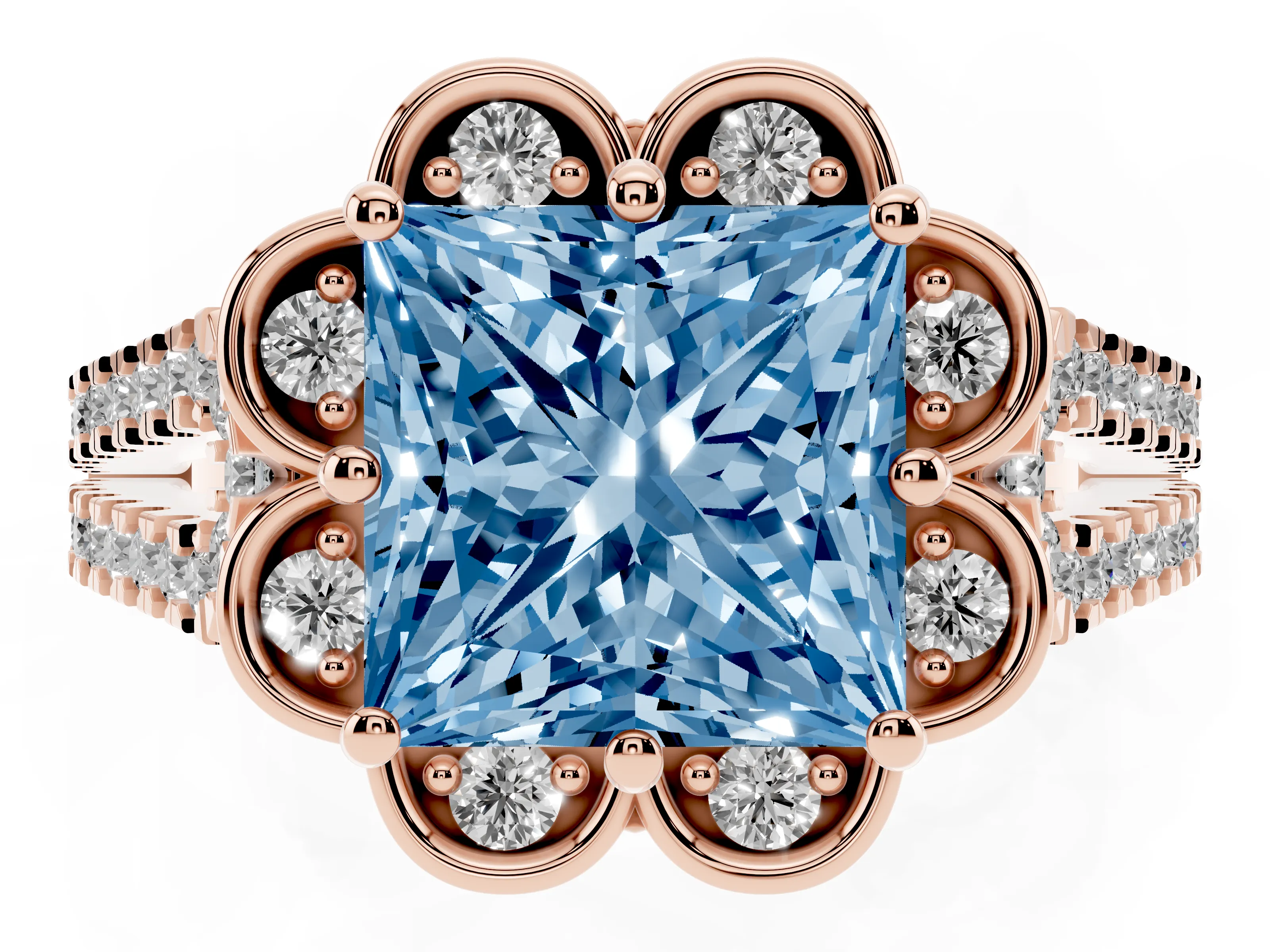Fancy Blue Princess Cut Diamond Floral Halo Split Shank Engagement Ring Set in Rose gold with Pavé Shank