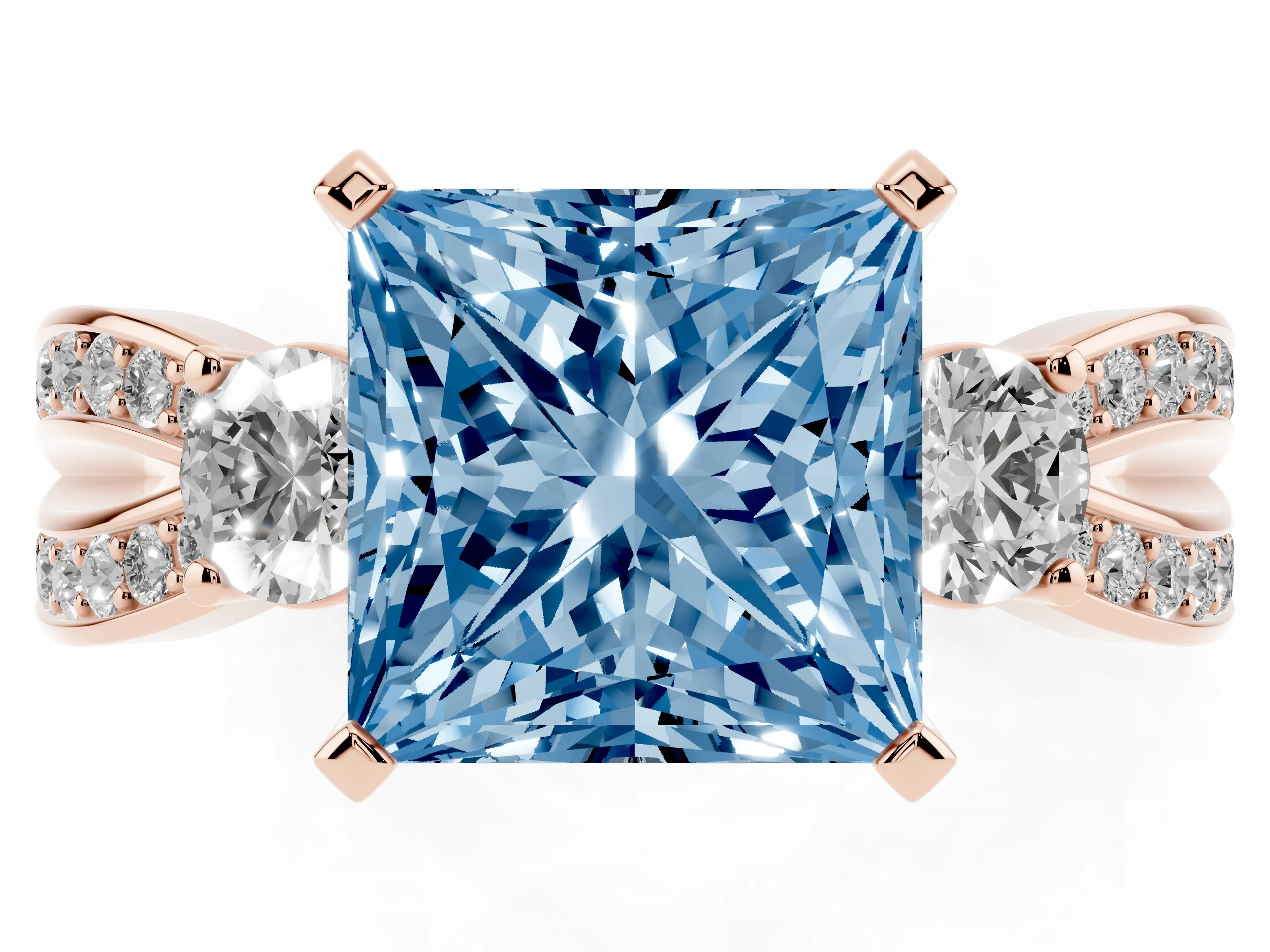 Fancy Blue Three-Stone Princess Cut Diamond Twist Band Ring Set in Rose gold with Pavé Accents and Prong Setting