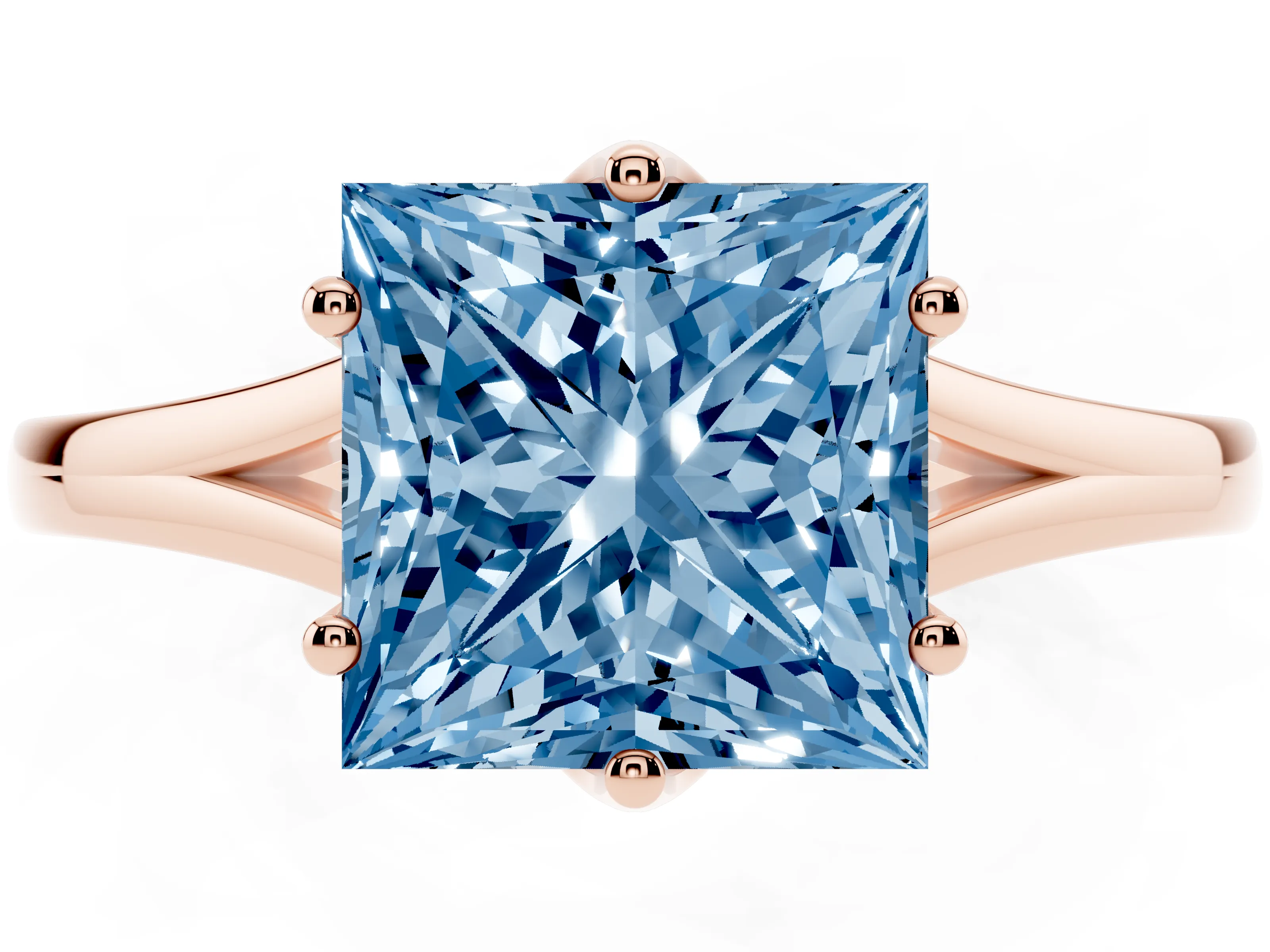 Fancy Blue Princess Cut Diamond Solitaire Ring Set in Rose gold with Polished Tapered Band and Prong Setting
