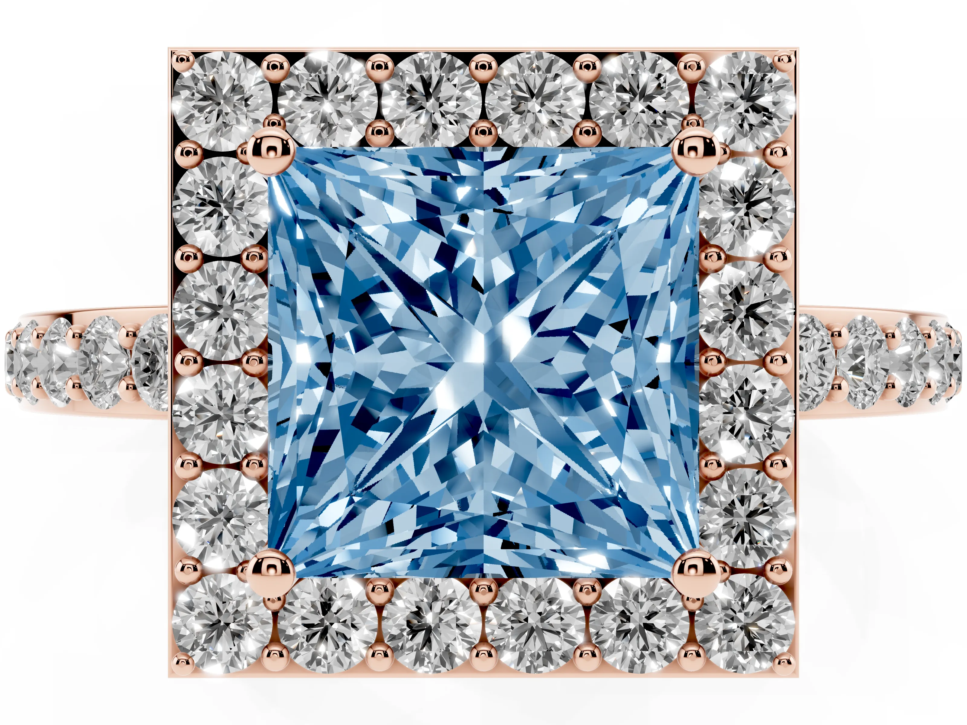 Fancy Blue Princess Cut Diamond Halo Ring Set in Rose gold with Pavé-Setting Band and Open Prong Center