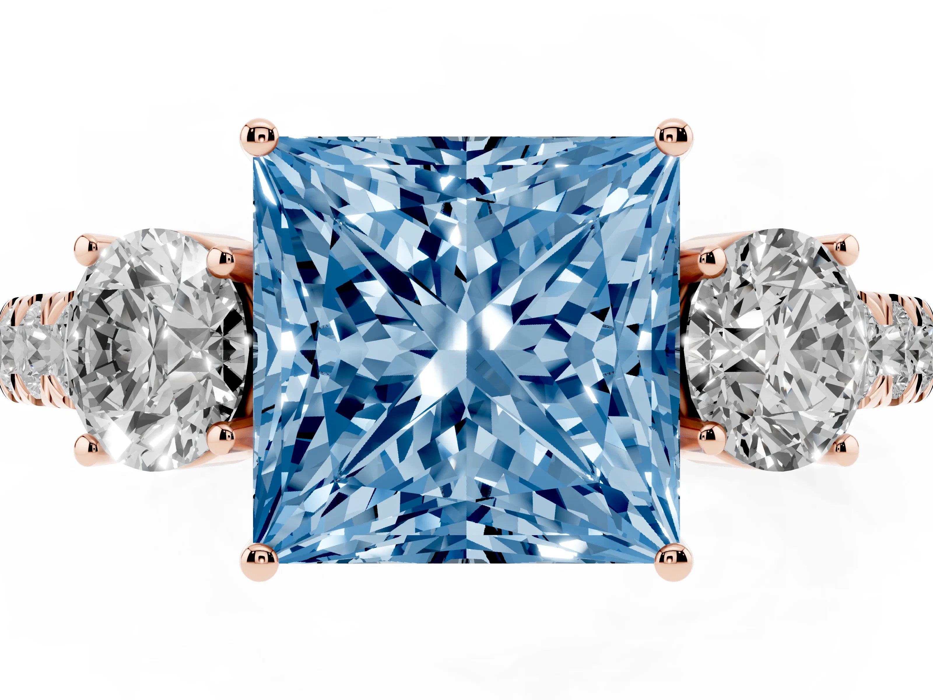 Fancy Blue Princess Cut Diamond Three-Stone Ring Set in Rose gold with Round Side Stones and Delicate Pavé Band
