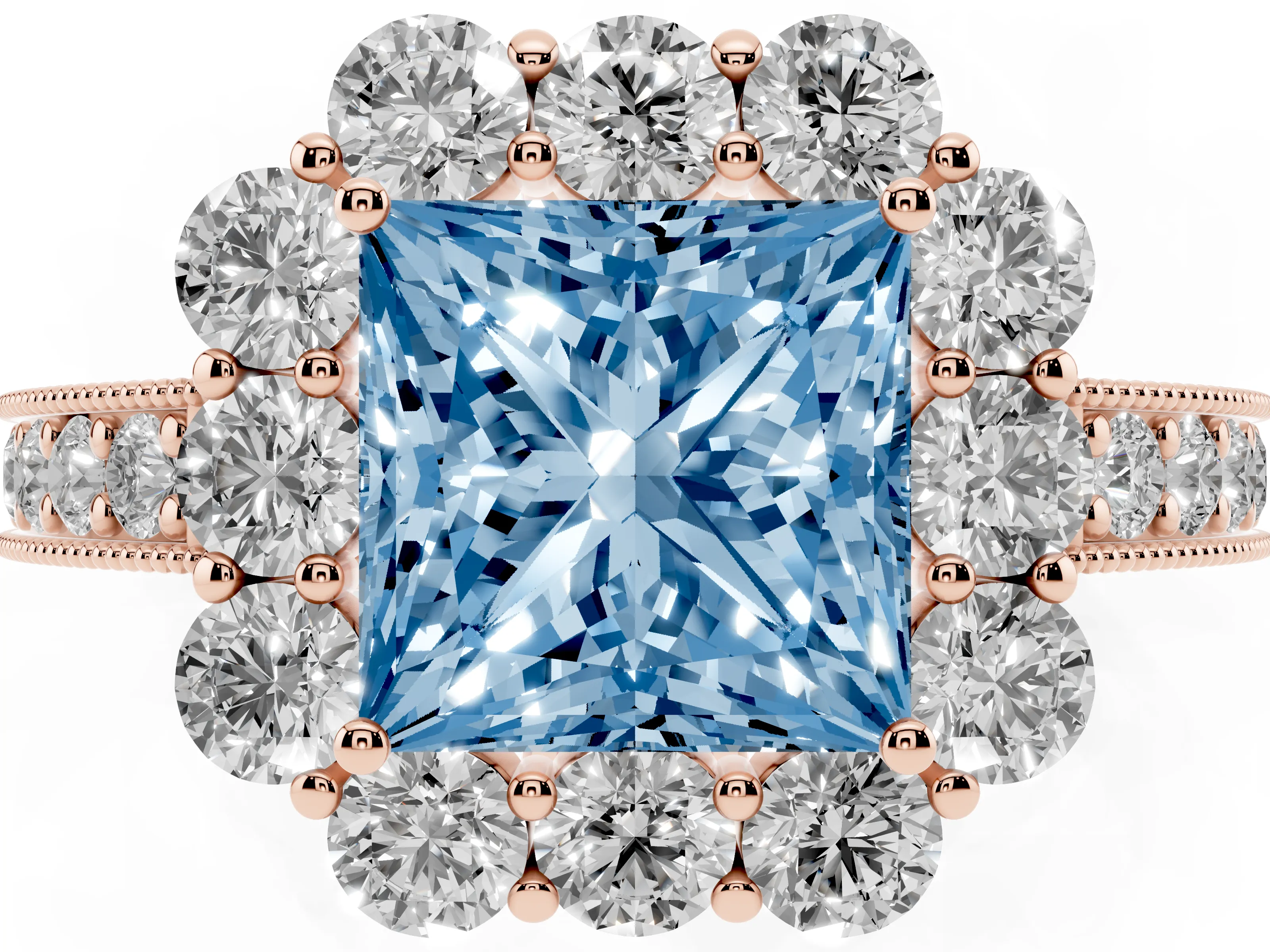 Fancy Blue Princess Cut Diamond Halo Pavé Engagement Ring Set in Rose gold with Milgrain Detailing