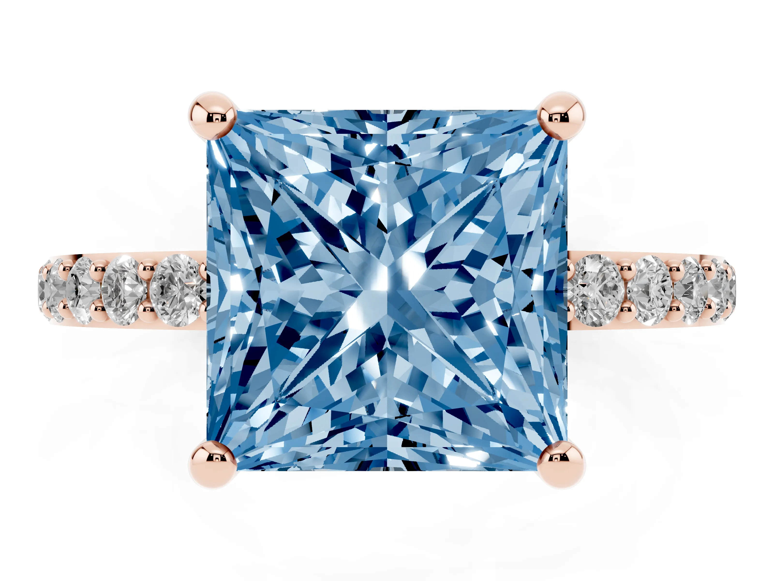 Fancy Blue Princess Cut Diamond Solitaire Ring Set in Rose gold with Round Pavé Band and Prong Setting