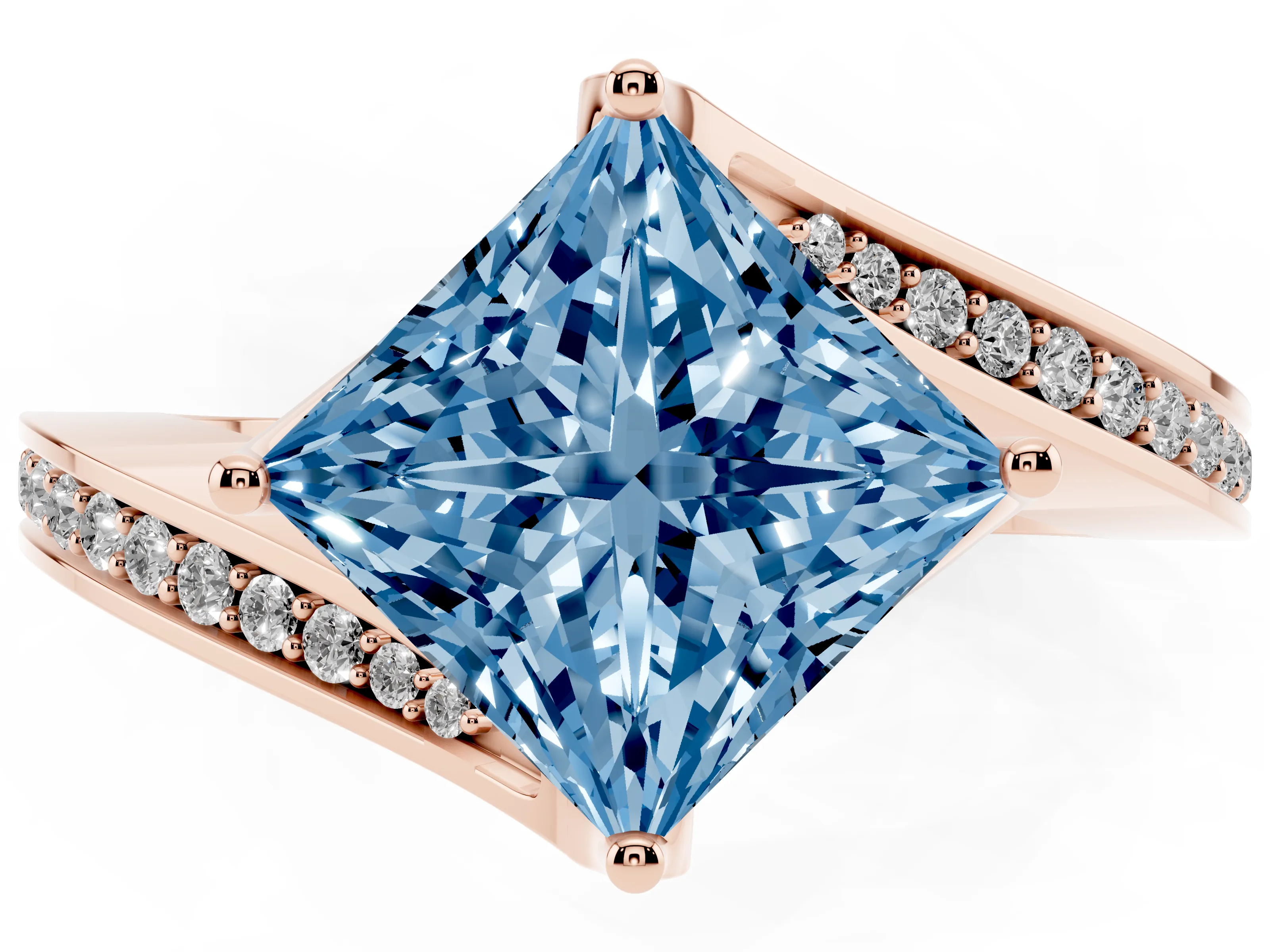 Fancy Blue Princess Cut Diamond Solitaire Ring Set in Rose gold with Intertwined Pavé Twist Band